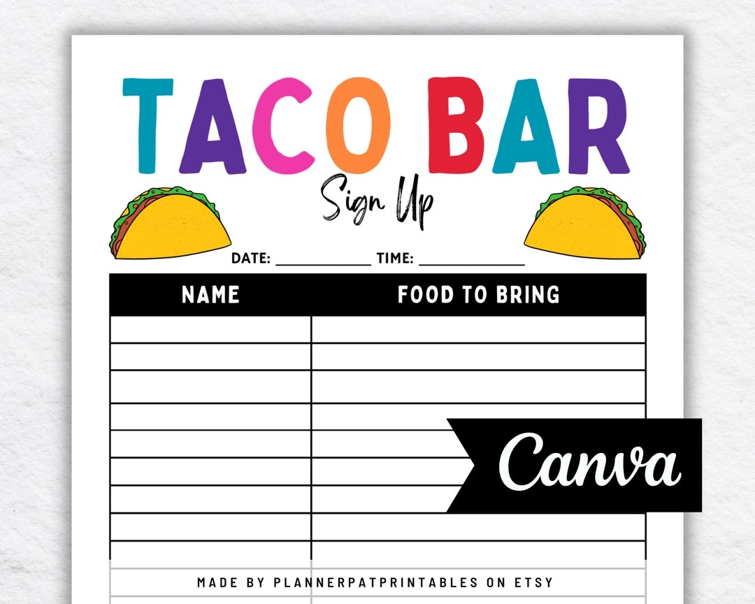 Taco Bar Sign Up Sheet Printable For Mexican Fiesta Potluck Party Canva Etsy