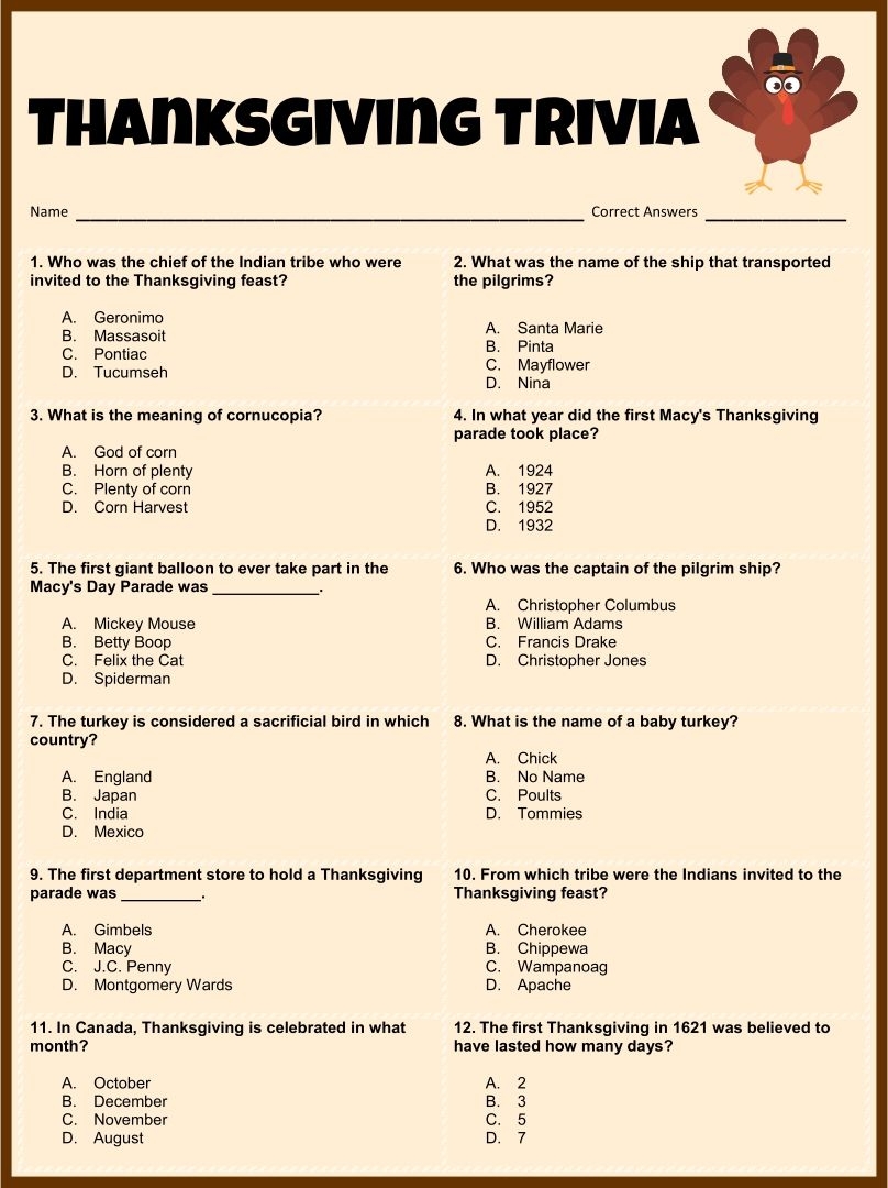 Thanksgiving Trivia Quiz 13 Free PDF Printables Printablee