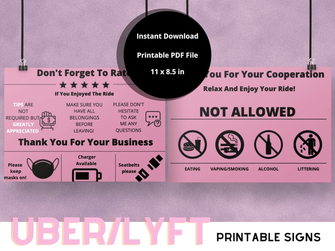 Uber lyft Printable Signage Instant Download Rideshare Signs Lyft Uber Tips Rideshare Accessories Digital Download Etsy