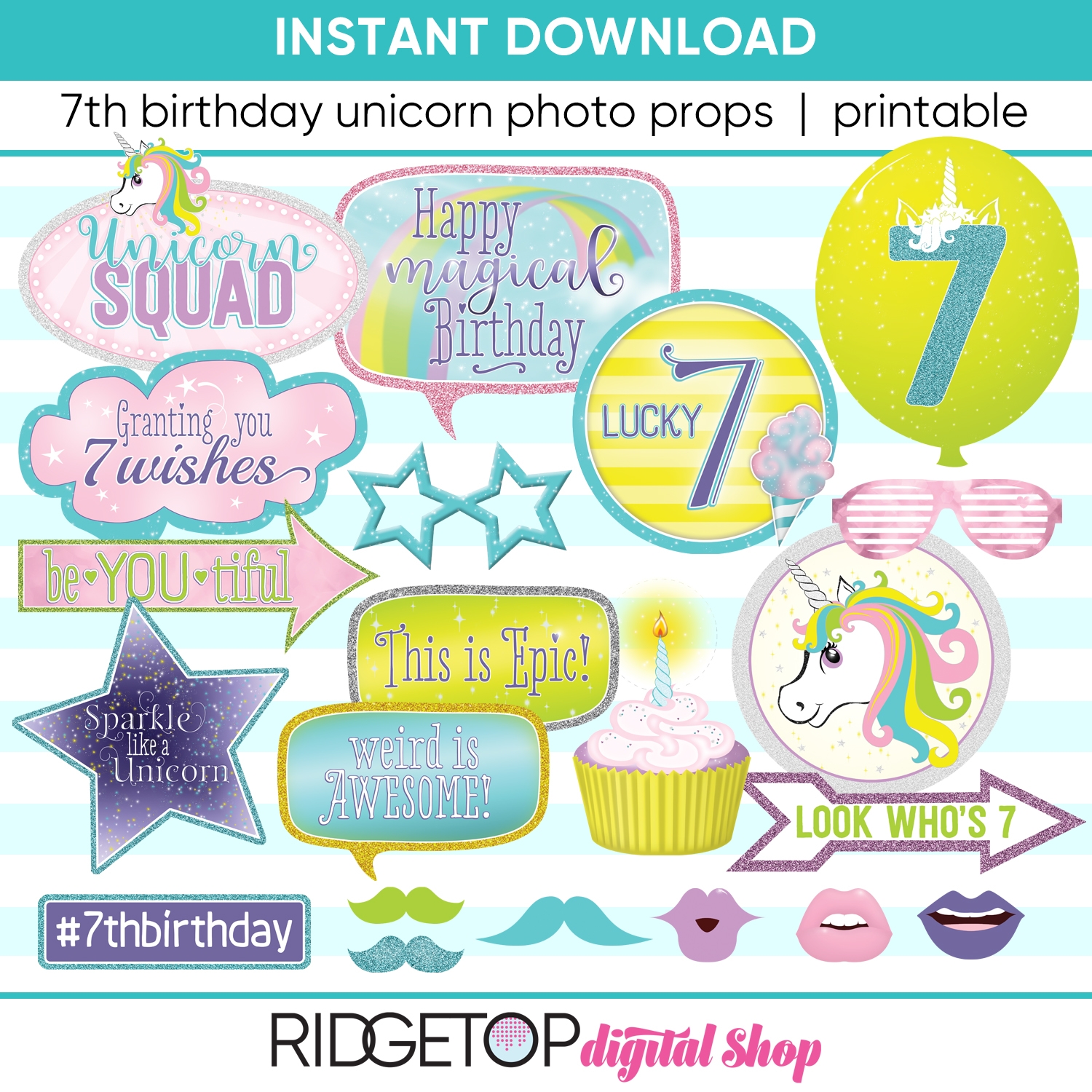 Unicorn 7th Birthday Photo Booth Props Ridgetop Digital Shop