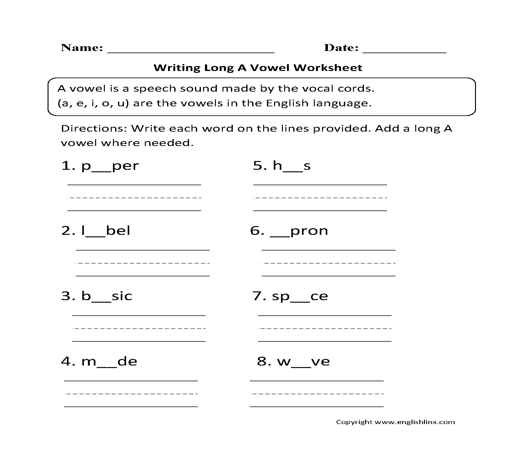 Free Printable Long A Worksheets