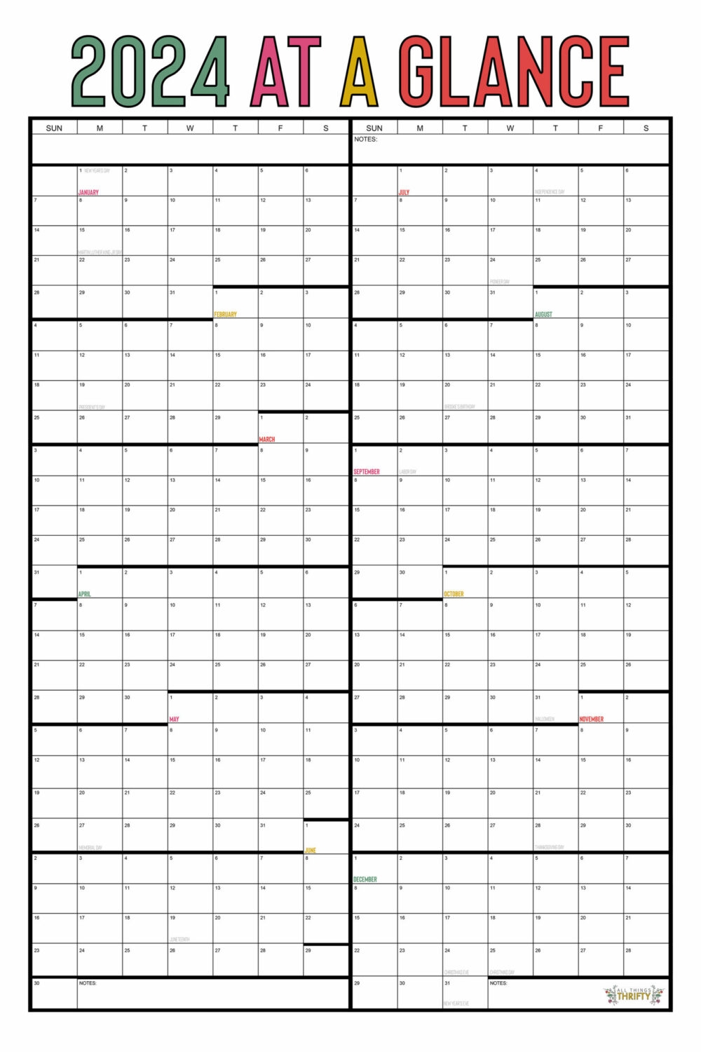 Year At A Glance FREE Printable Calendar All Things Thrifty
