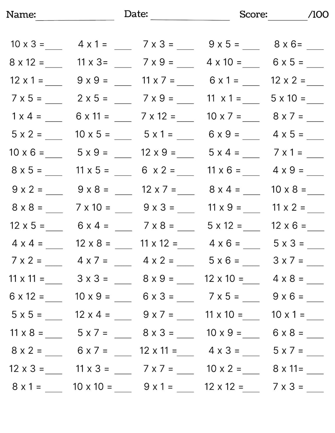 10 Printable Multiplication Worksheets Fill In The Blanks Single Digit Multiplication Numbers 1 12 Maths Drills Answers Included Etsy