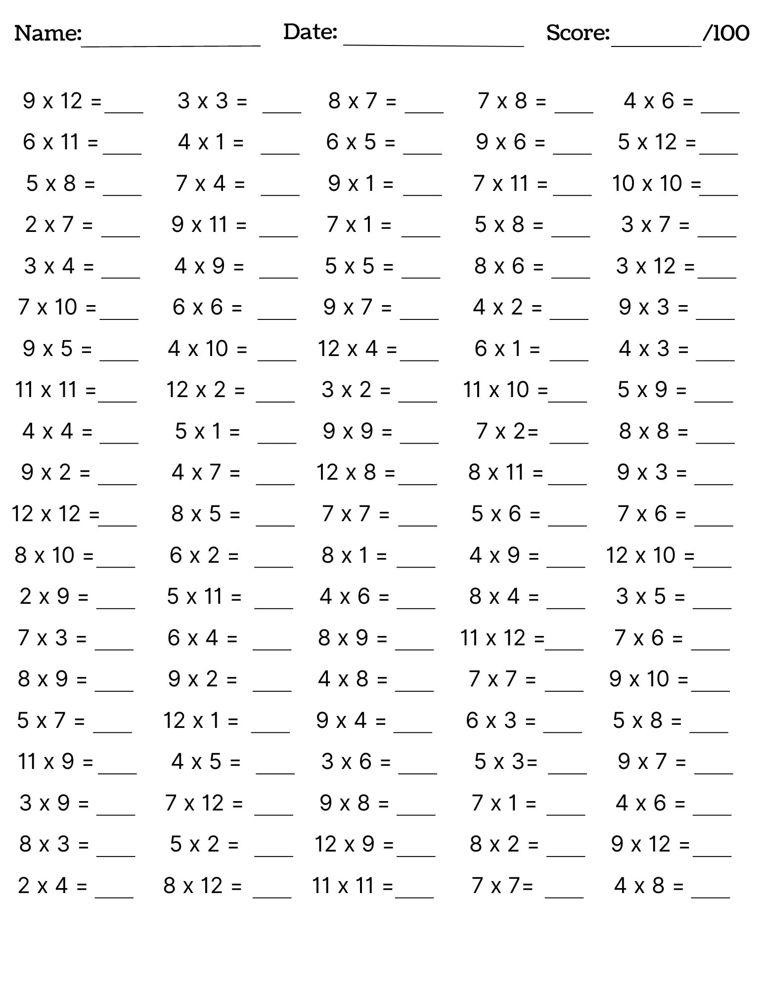10 Printable Multiplication Worksheets Fill In The Blanks Single Digit Multiplication Numbers 1 12 Maths Drills Answers Included Etsy