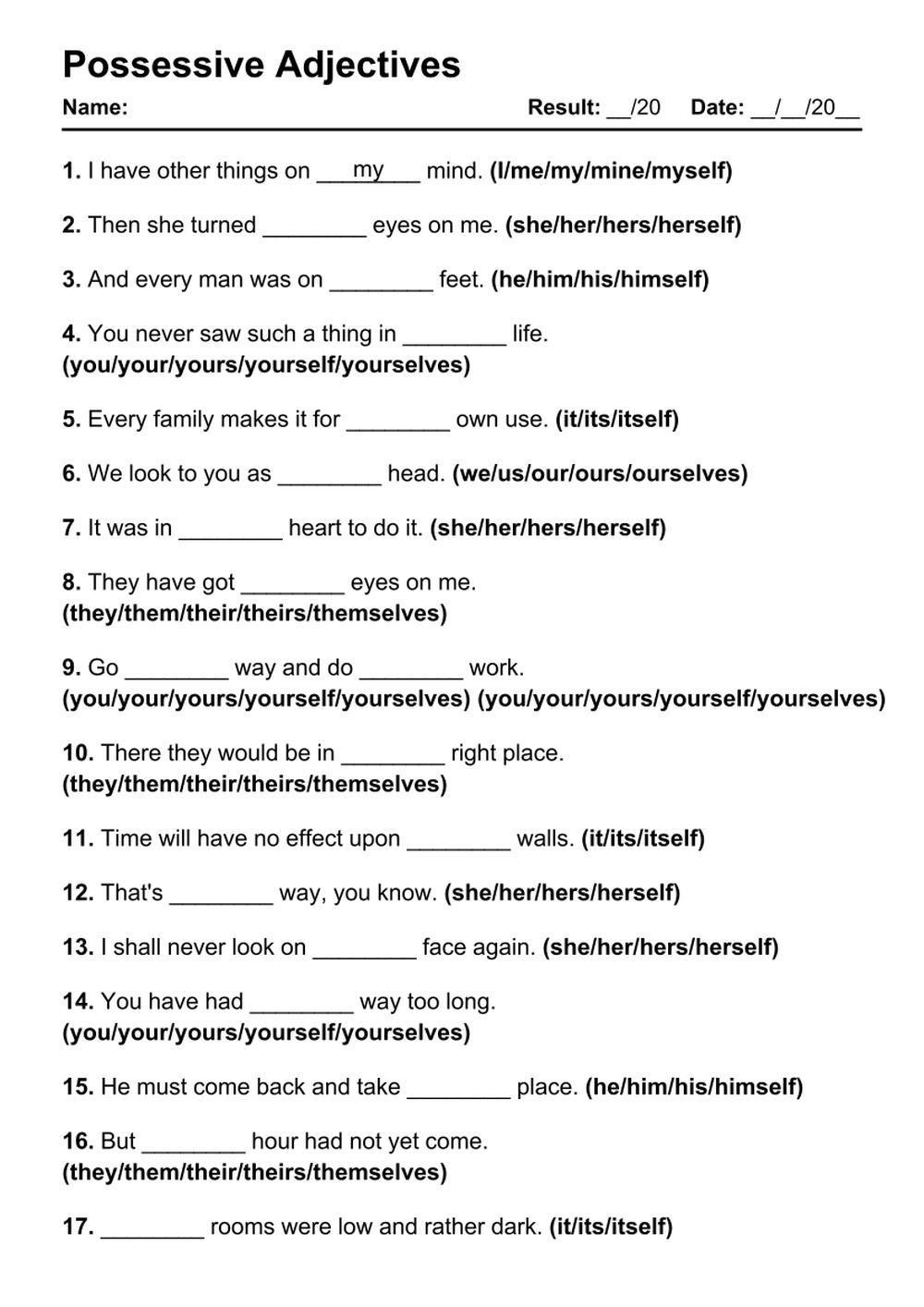 101 Possessive Adjectives PDF Worksheets With Answers Grammarism