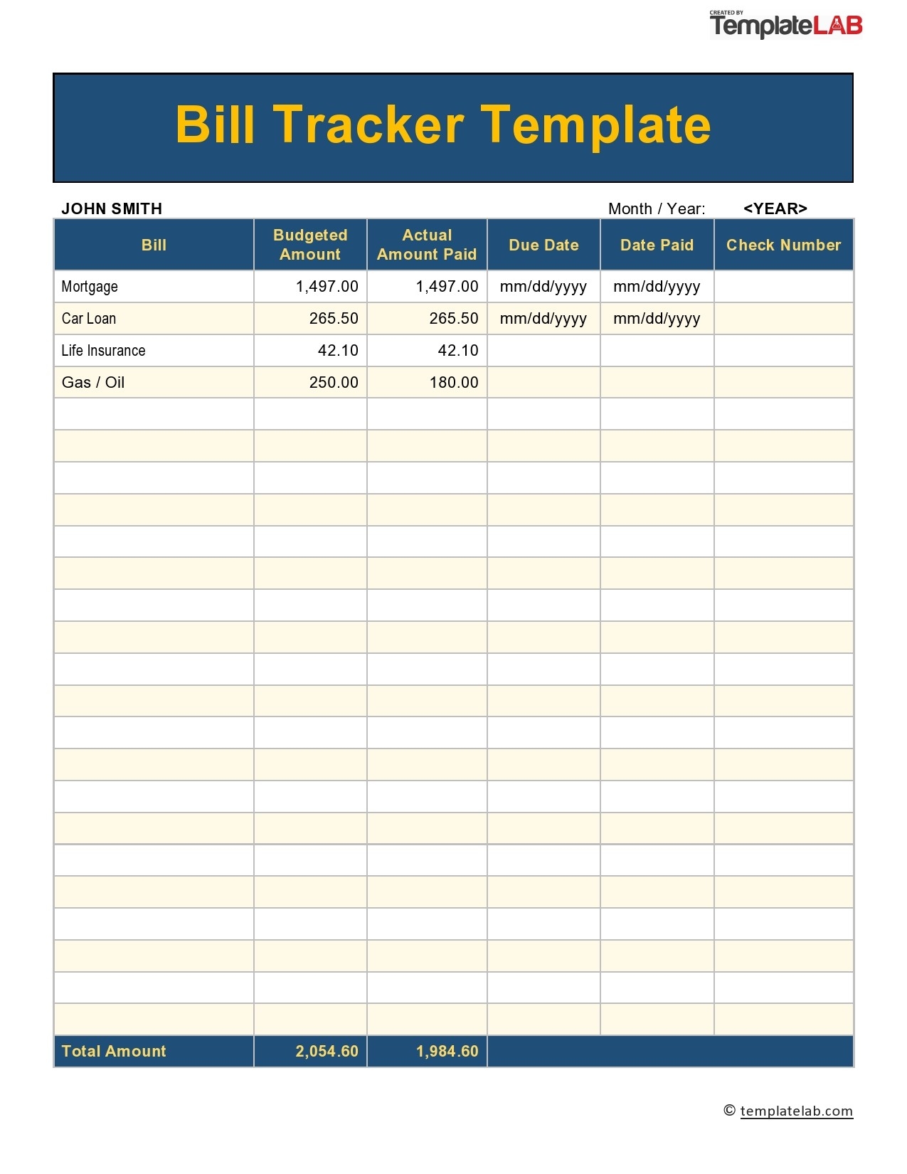 Free Printable Bill Payment Tracker