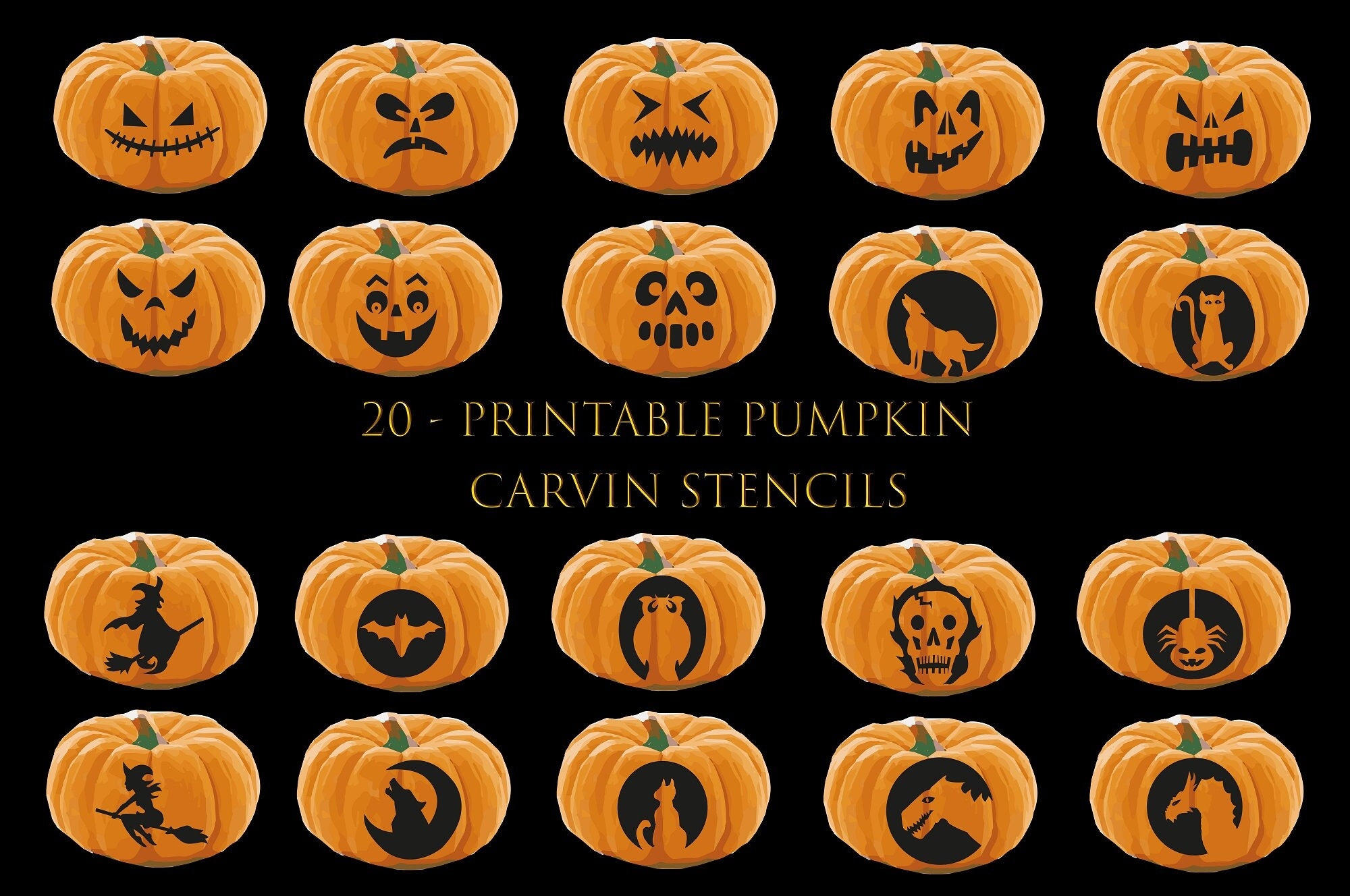 20 Printable Halloween Pumpkin Carving Stencils Jack O Lantern Pumpkin Face Svg Carving Templates Etsy