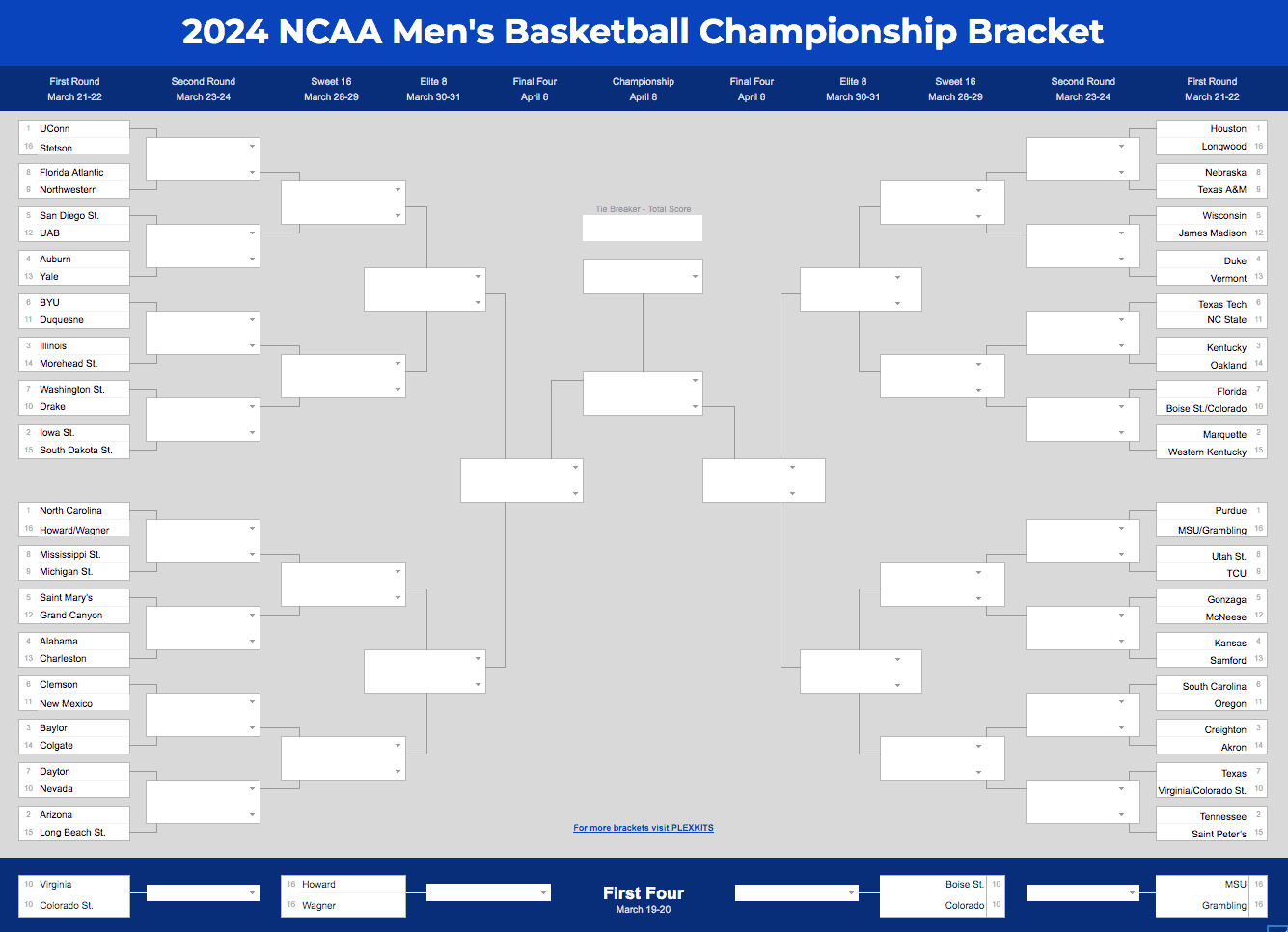 2024 March Madness Bracket Excel Google Sheets Template 