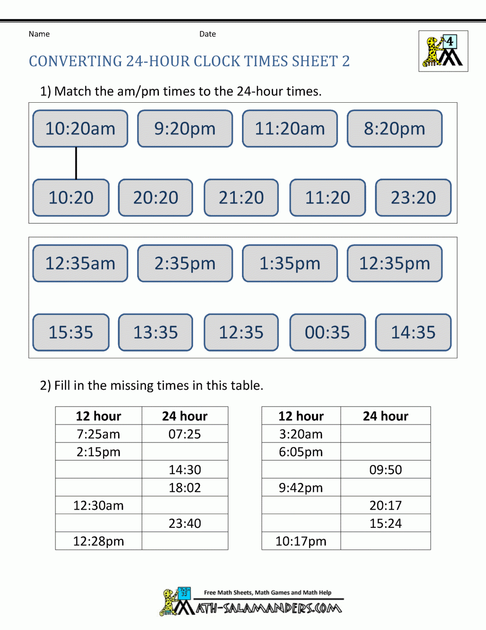 Free Printable Worksheets Military Time