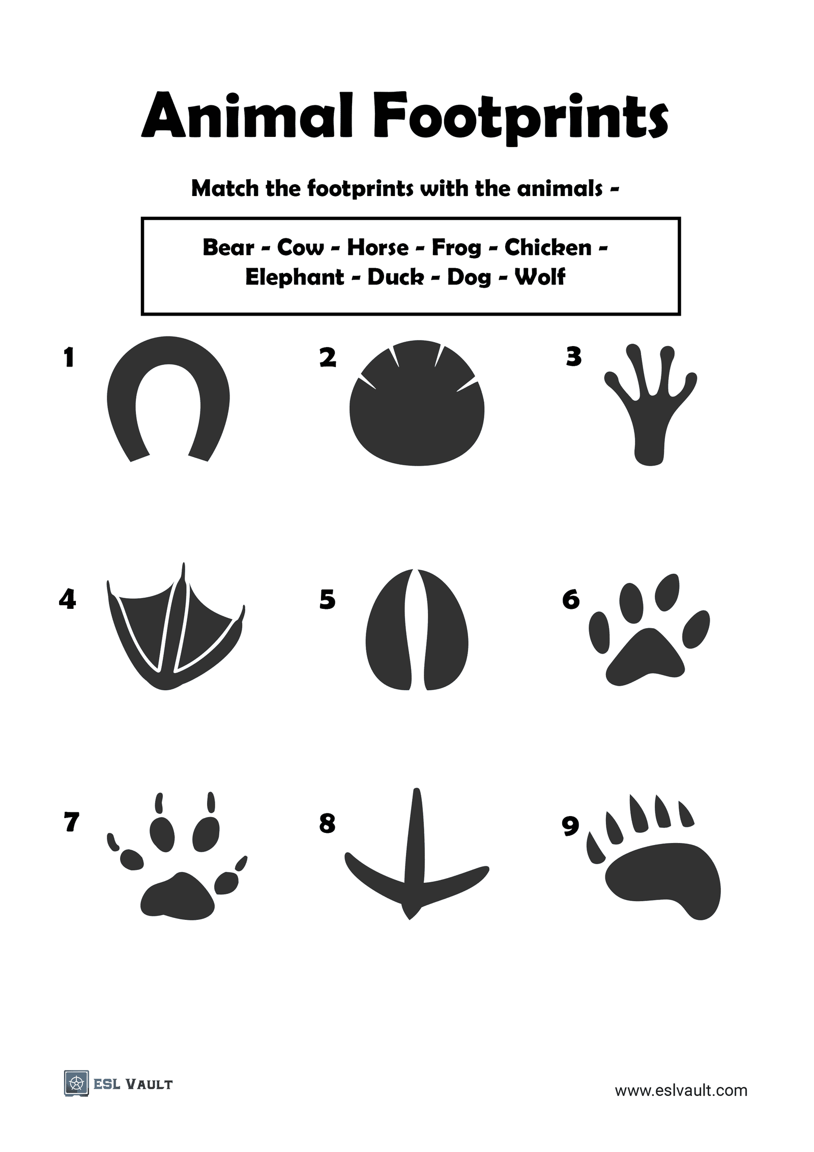 3 Animal Footprints Worksheets ESL Vault