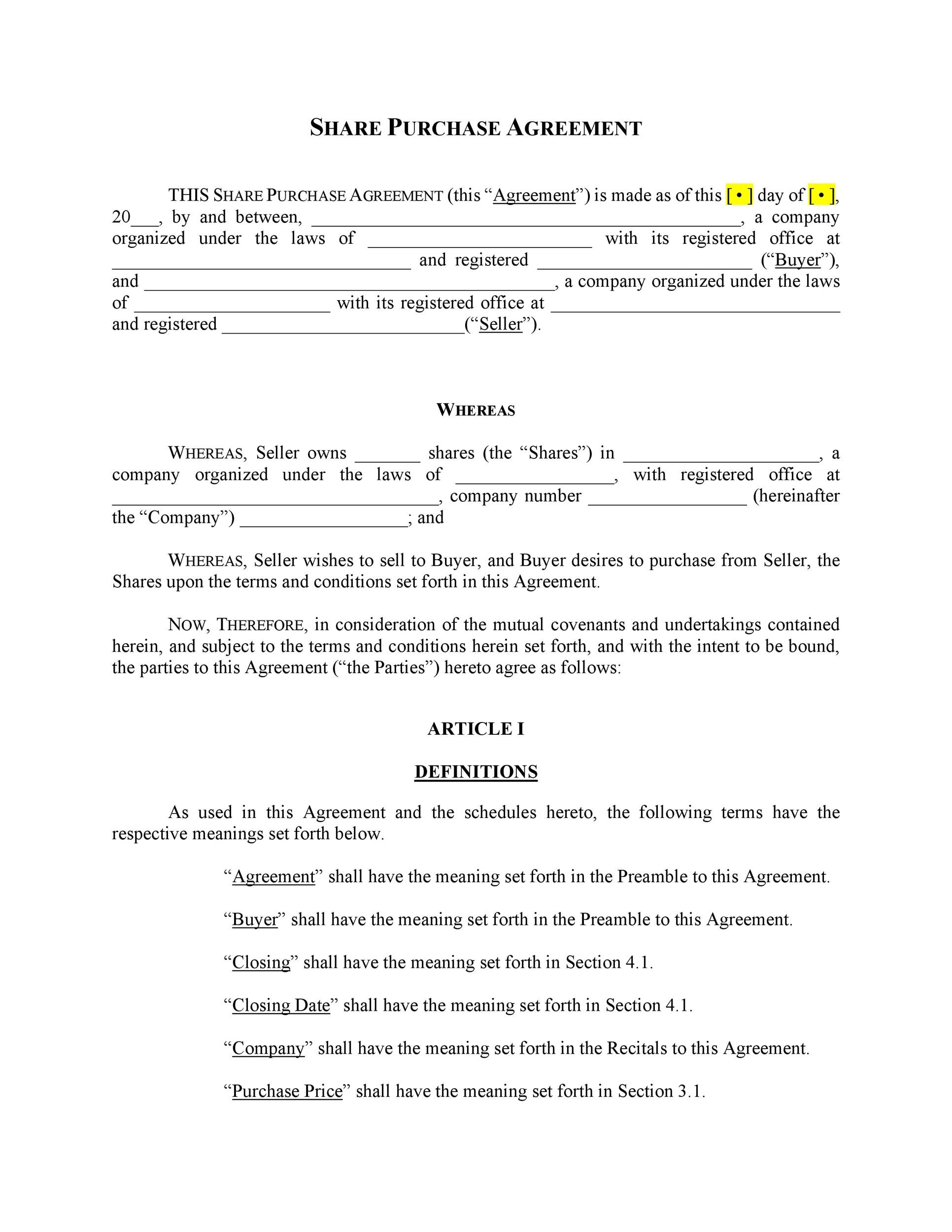 Free Printable Purchase Agreement