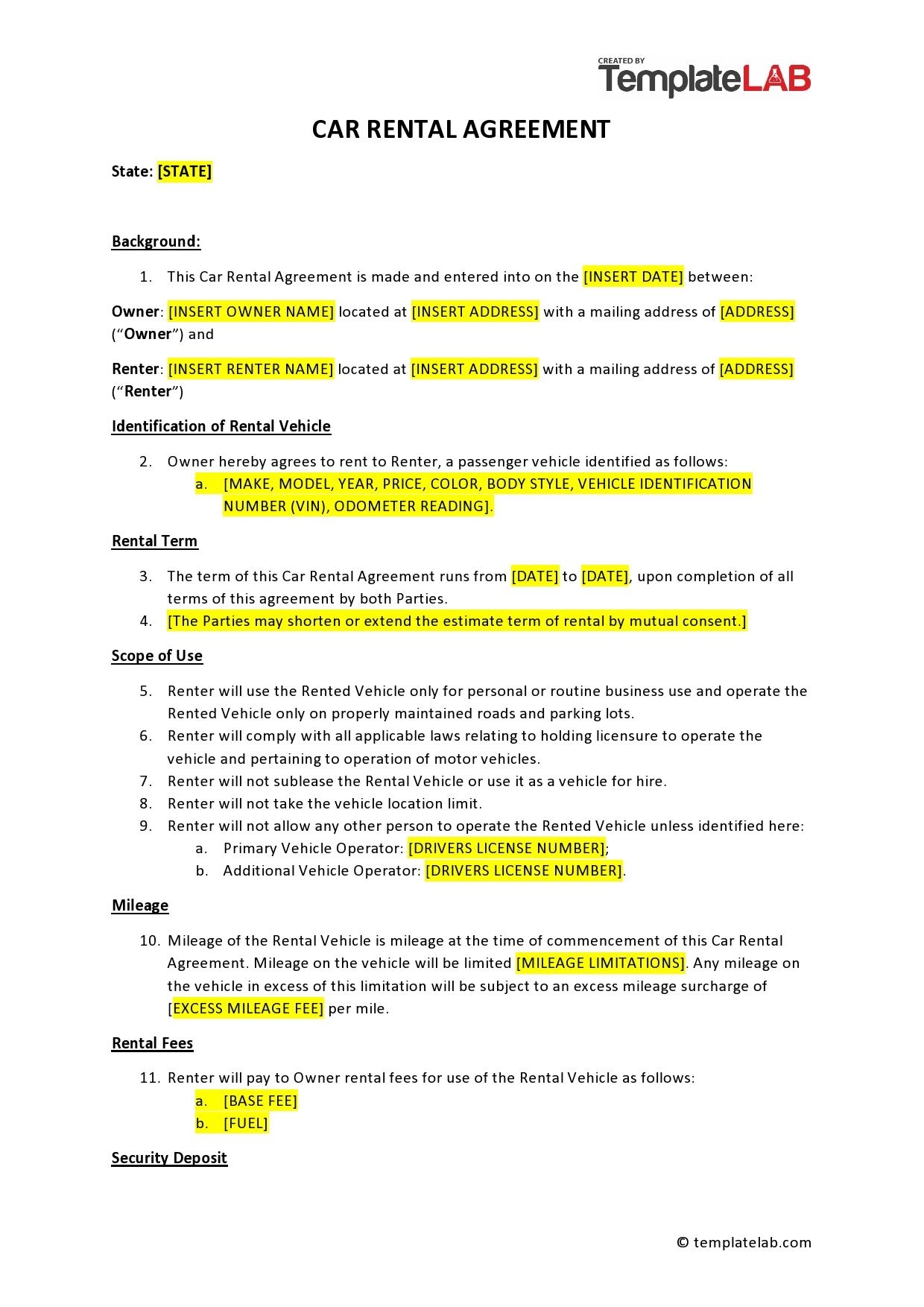 38 Free Car Rental Agreements Forms TemplateLab
