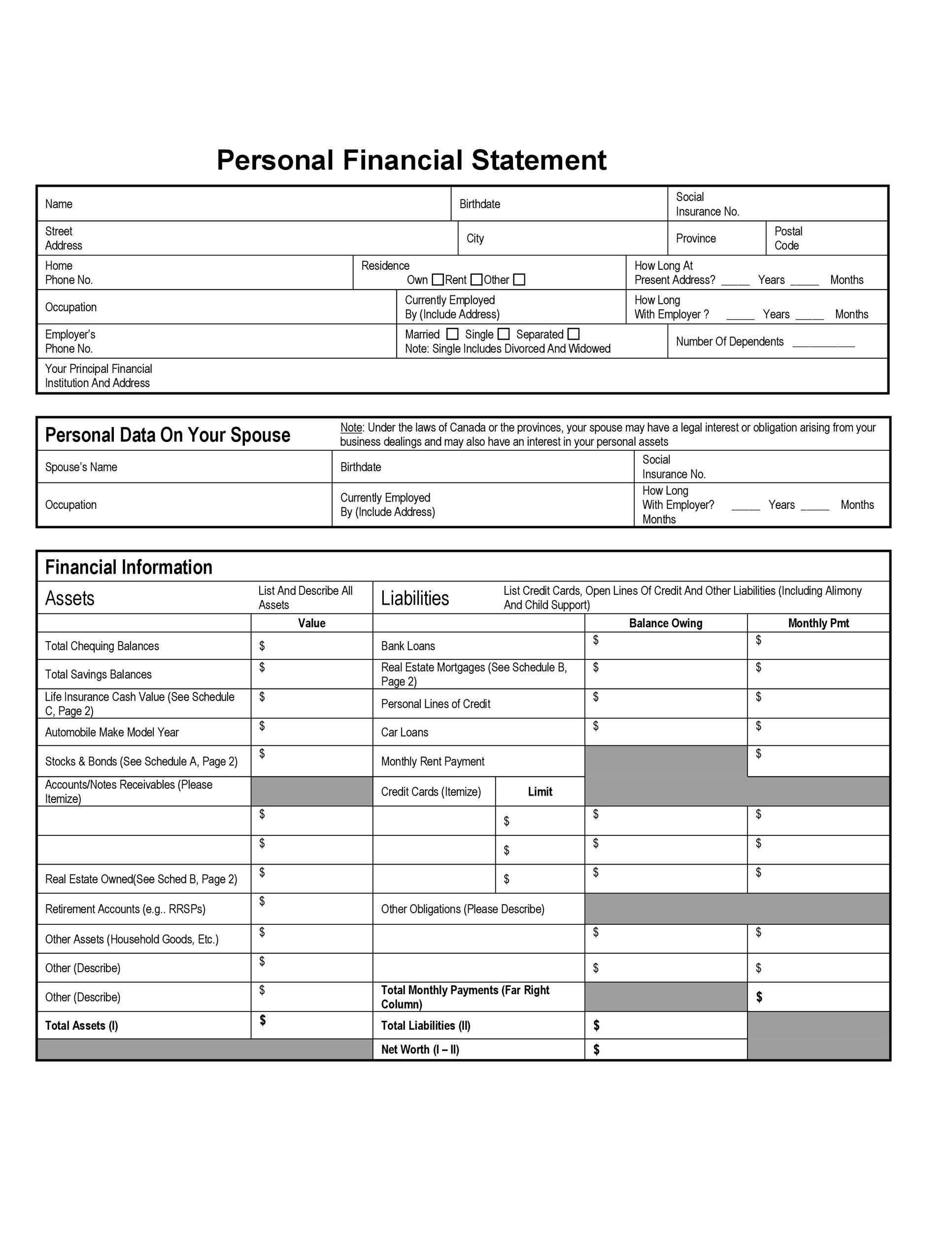 40 Personal Financial Statement Templates Forms TemplateLab