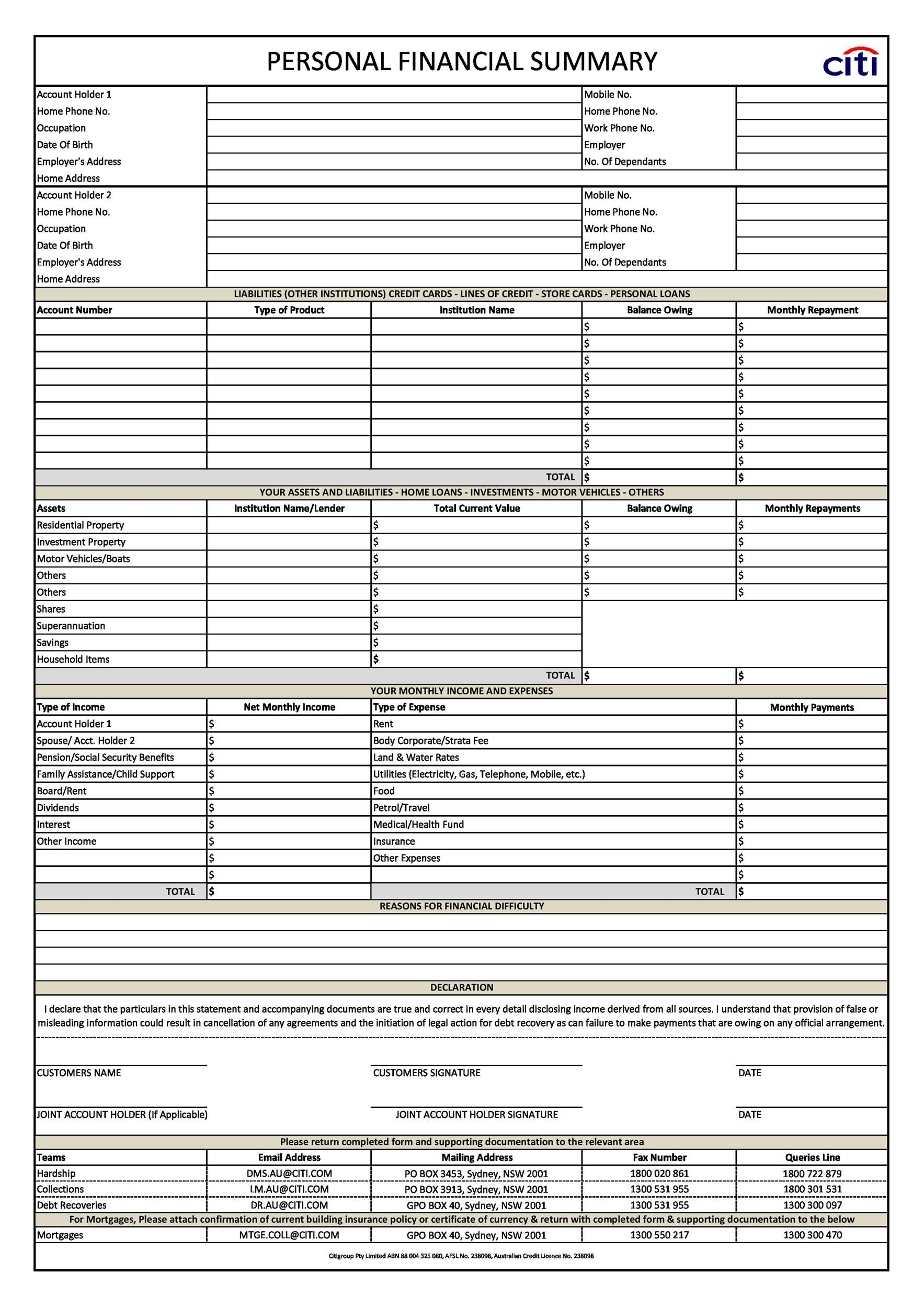 Personal Financial Forms Free Printable