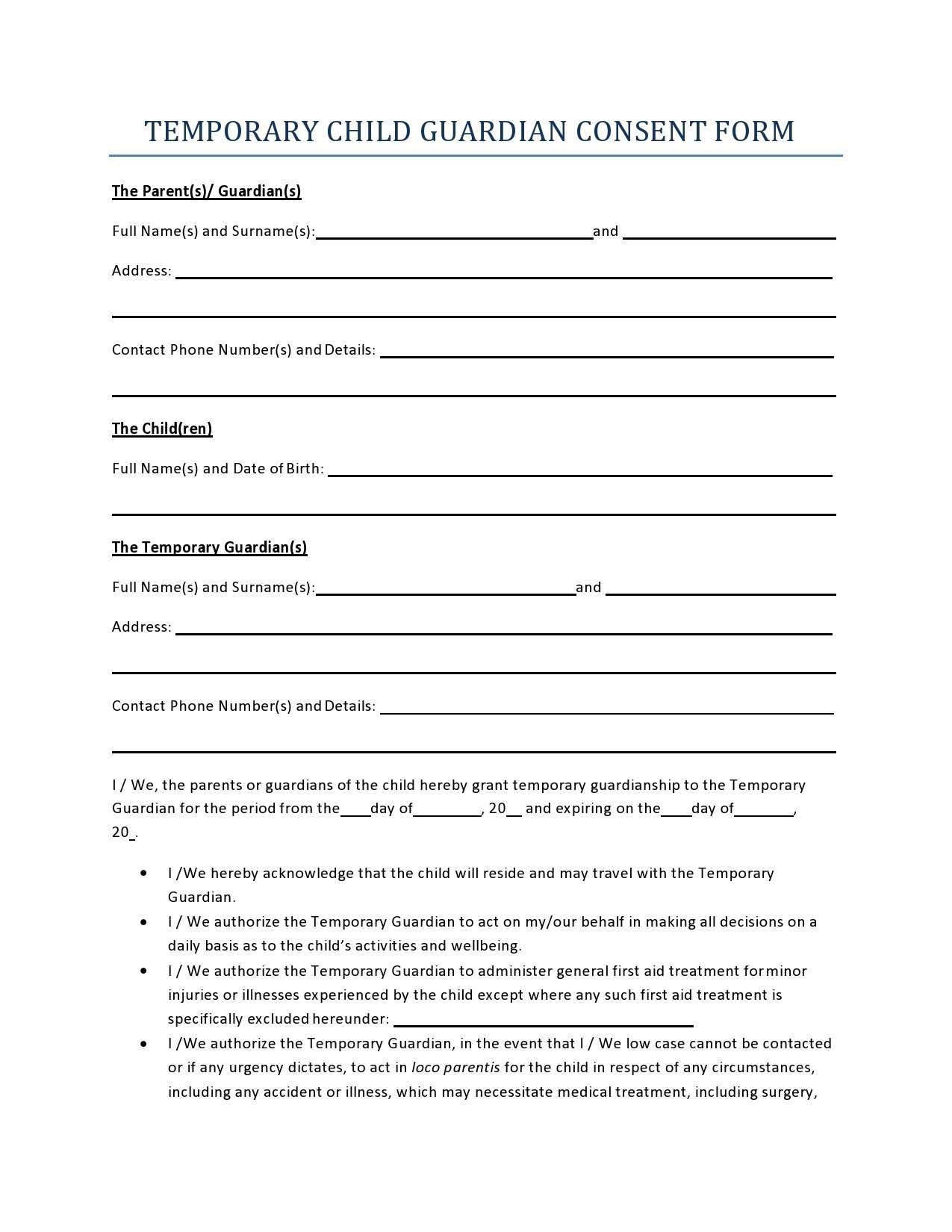 Free Printable Temporary Guardianship Forms