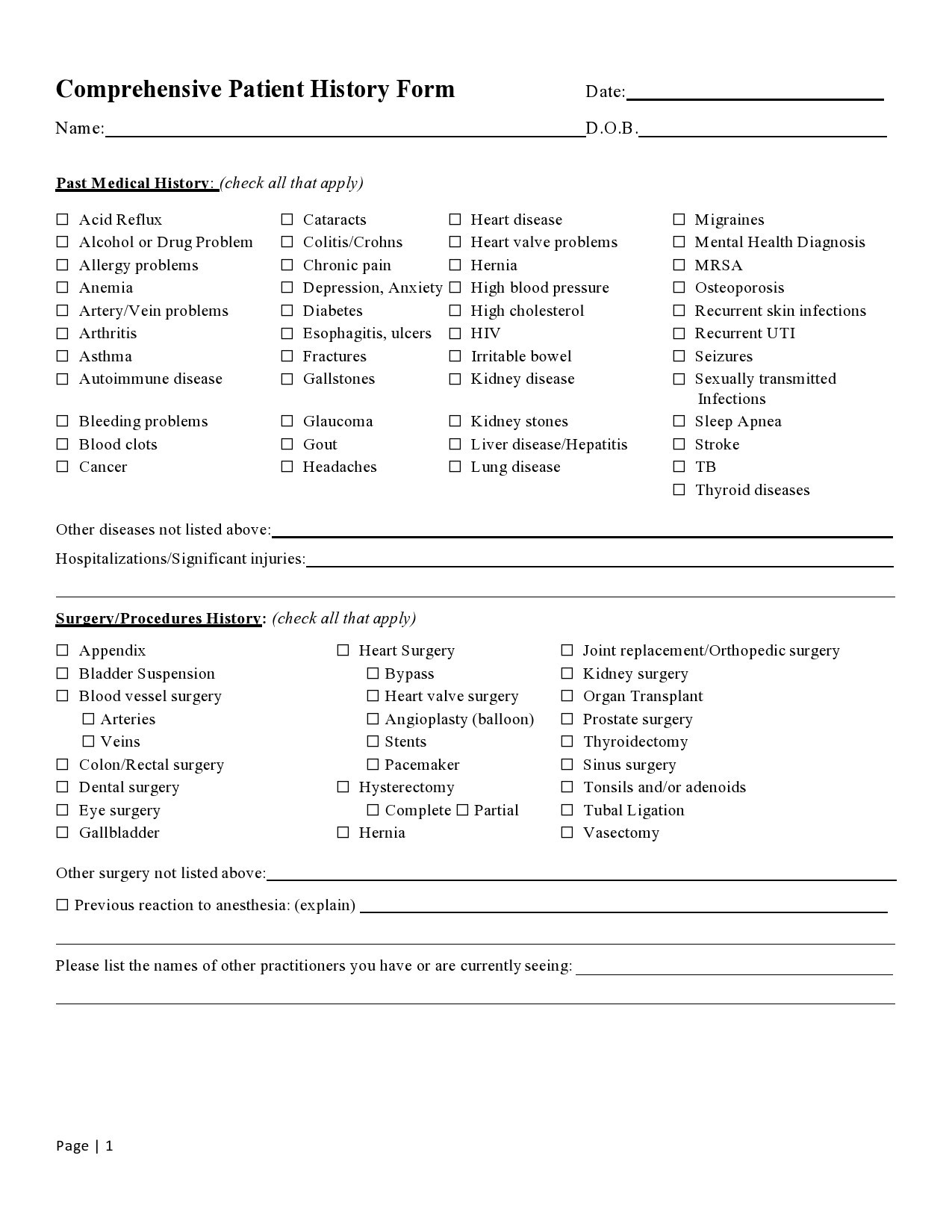 Free Printable Health History Forms