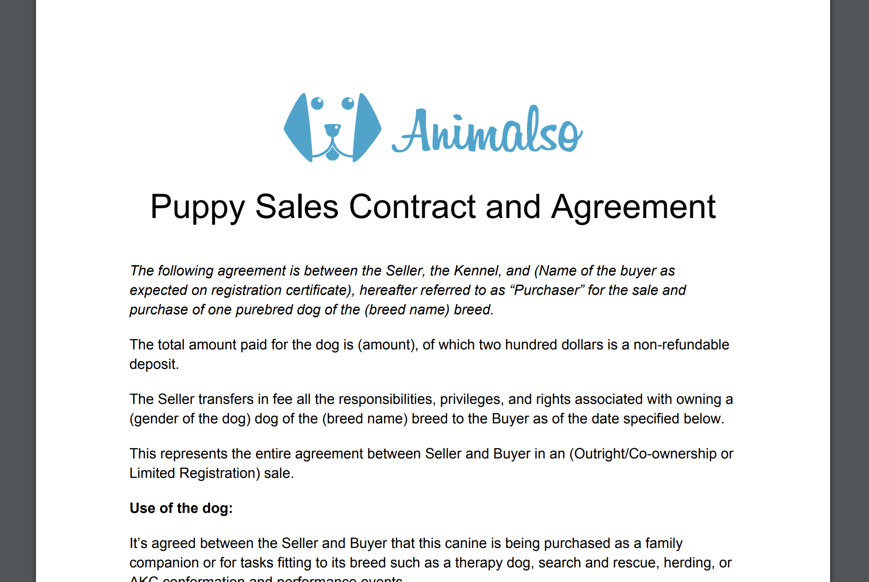 Free Printable Puppy Contract