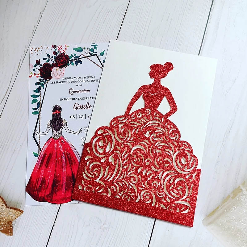 50x Red Glitter White Printable Laser Cut Pocket Princess Quinceanera Invitation Cards With Envelope Cards Invitations AliExpress