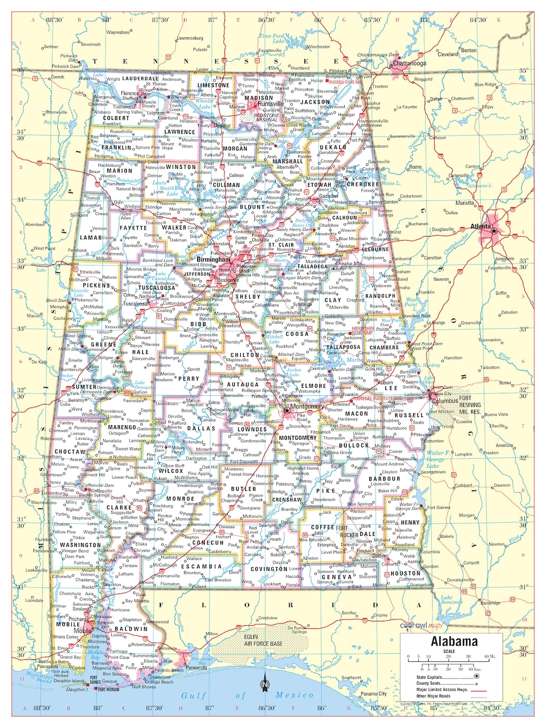 Alabama State Wall Map Large Print Poster Etsy