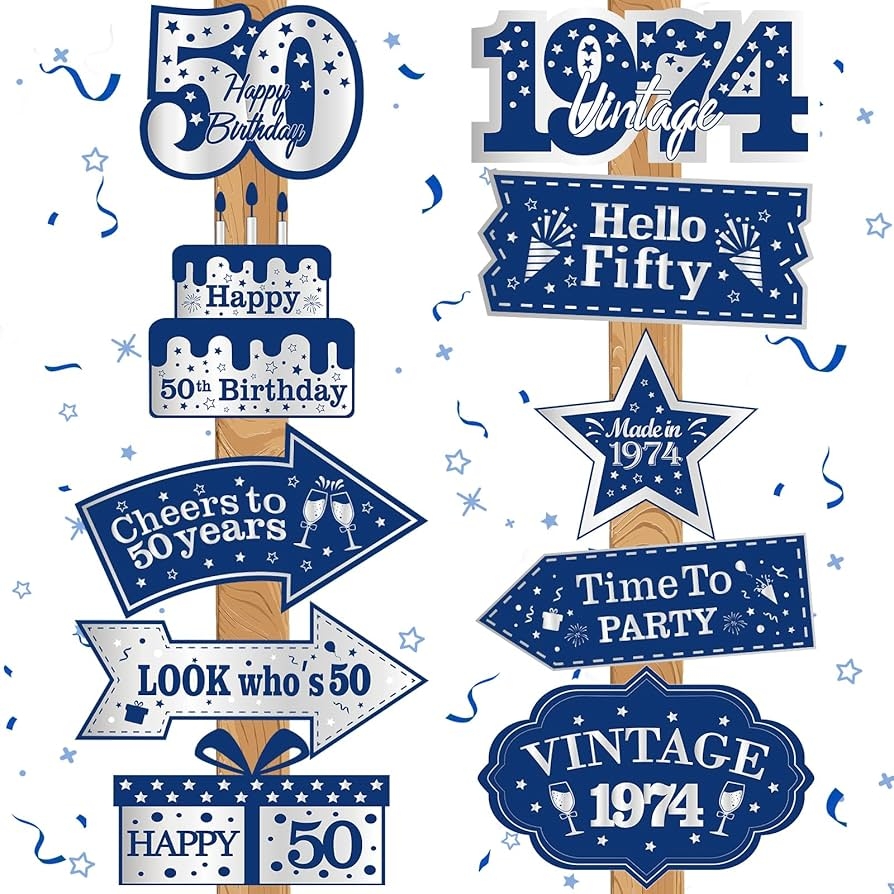 Amazon 10pcs Blue 50th Birthday Decorations For Men Women Navy Blue Silver Happy 50th Birthday Door Sign Banner Directional Signs Vintage 1974 Birthday Party Decorations 50 Years Old Party Wall Decor 