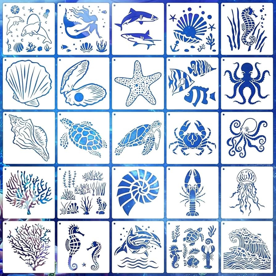 Amazon 6 Inch Sea Life Stencils Reusable Ocean Stencils For Painting On Wood 25 Pieces Sea Creatures Stencil DIY Craft Template For Painting On Furniture Canvas Wall Home Decor Ocean Arts 