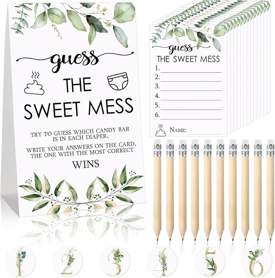 Amazon 67 Pcs Guess The Sweet Mess Baby Shower Game Dirty Diaper Game Including Guess The Sweet Mess Sign 50 Small Cards 10 Pencils And 6 Number Stickers For Baby Shower