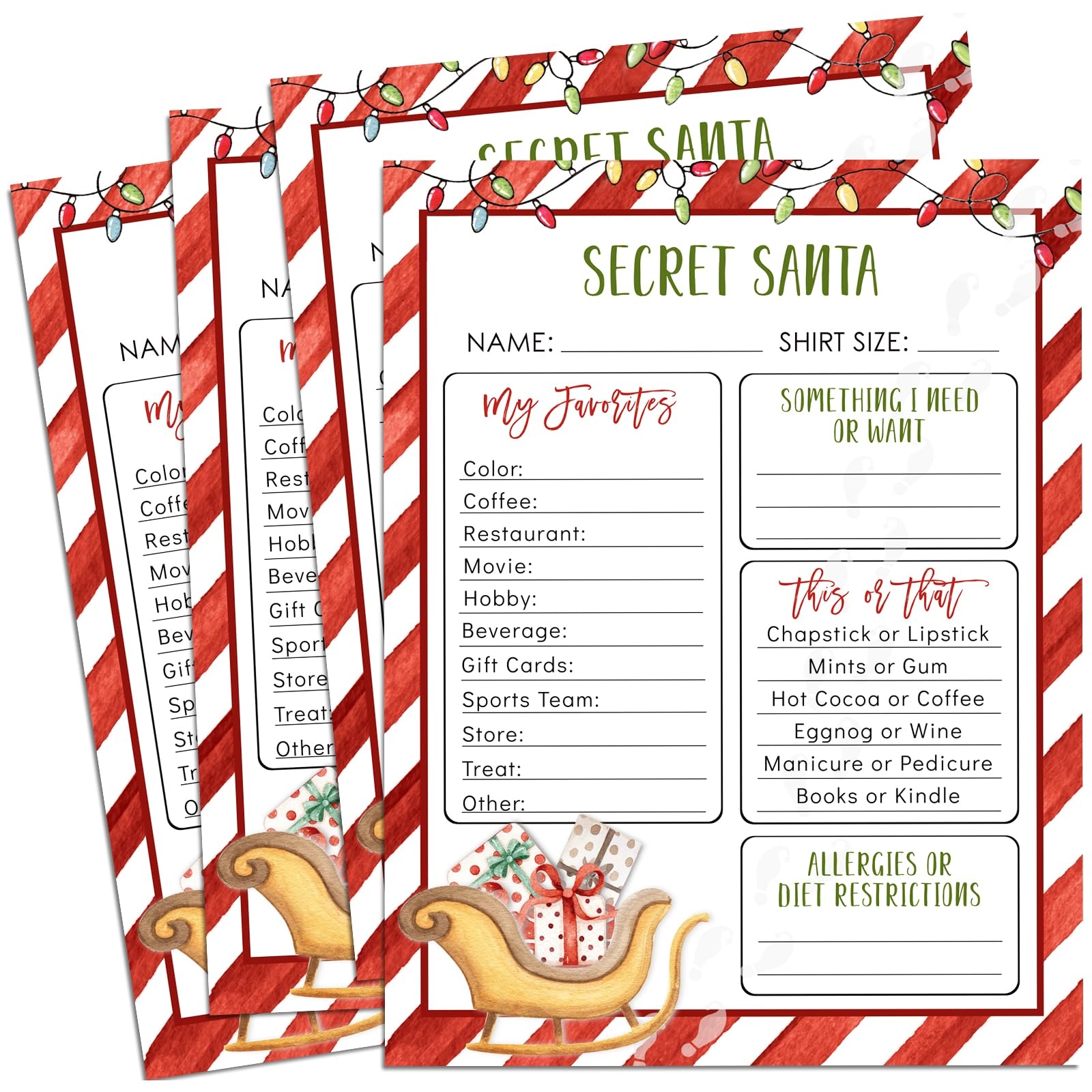 Amazon AnyDesign 25Pcs Secret Santa Christmas Questionnaire Xmas Holiday Gift Exchange Fill In The Blank Cards For Office Home Family Or Friends Christmas Holiday Gift Exchange 8 5 X 11 Inch A2539 