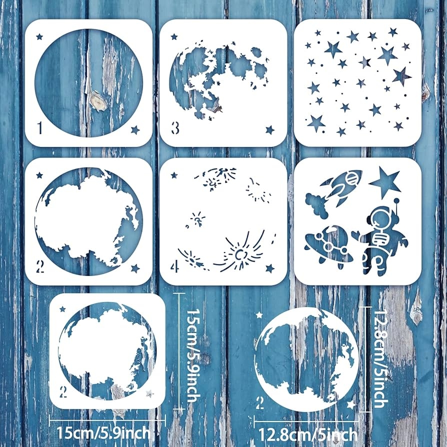 Amazon FINGERINSPIRE 6 Pcs Layered Space Theme Stencil 5 9x5 9 Inch Moon Earth Painting Template Plastic Astronaut Rocket Spaceship Patterns Stencils Reusable Moon Stars Stencil For Home Floor Wall Decor Tools 