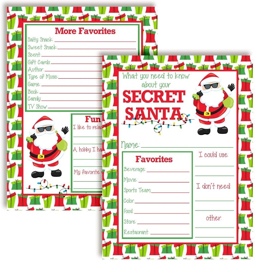 Amazon Get To Know Your Secret Santa Christmas Holiday Gift Idea Fill In Cards Ten 5 X 7 Fill In The Blank Cards By AmandaCreation Home Kitchen