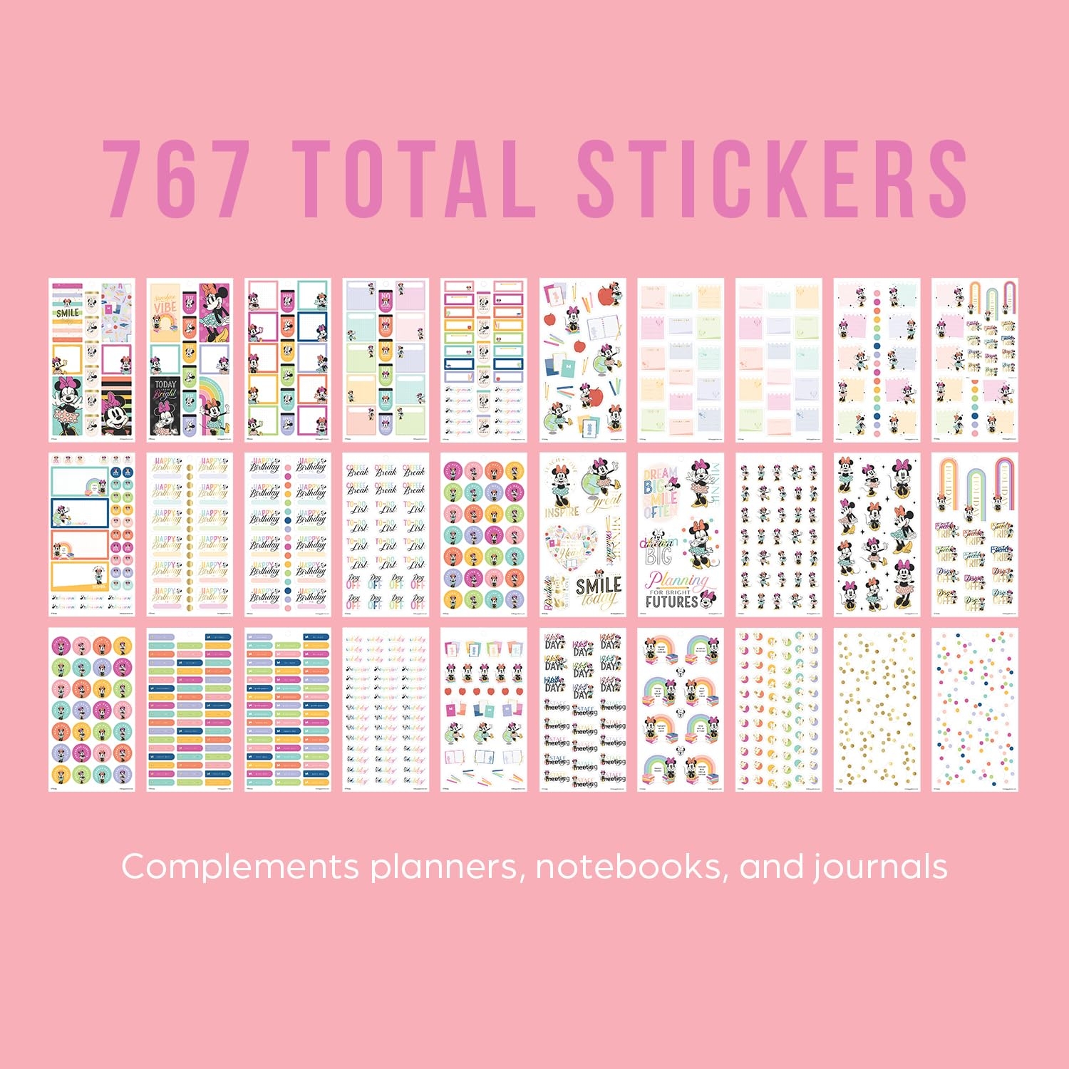 Amazon Happy Planner Disney Sticker Set For Planners Calendars And Journals Easy Peel Stickers Scrapbook Accessories All Smiles Minnie Theme 30 Sheets 767 Stickers Total Office Products