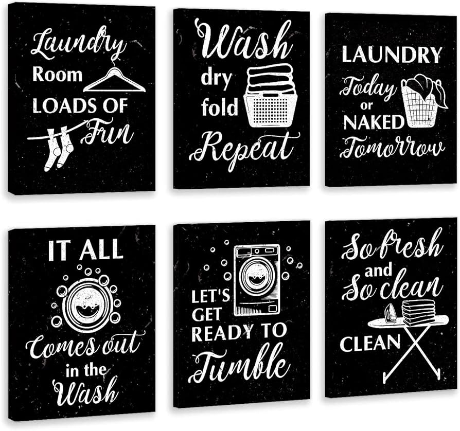 Amazon HLNIUC Laundry Room Wall Decor And Accessories Laundry Symbols Sign Canvas Wall Art 8 X 10 Inch Framed Pic For Bathroom Rustic Farmhouse Laundry Art Print In Black Background Laundry Funny