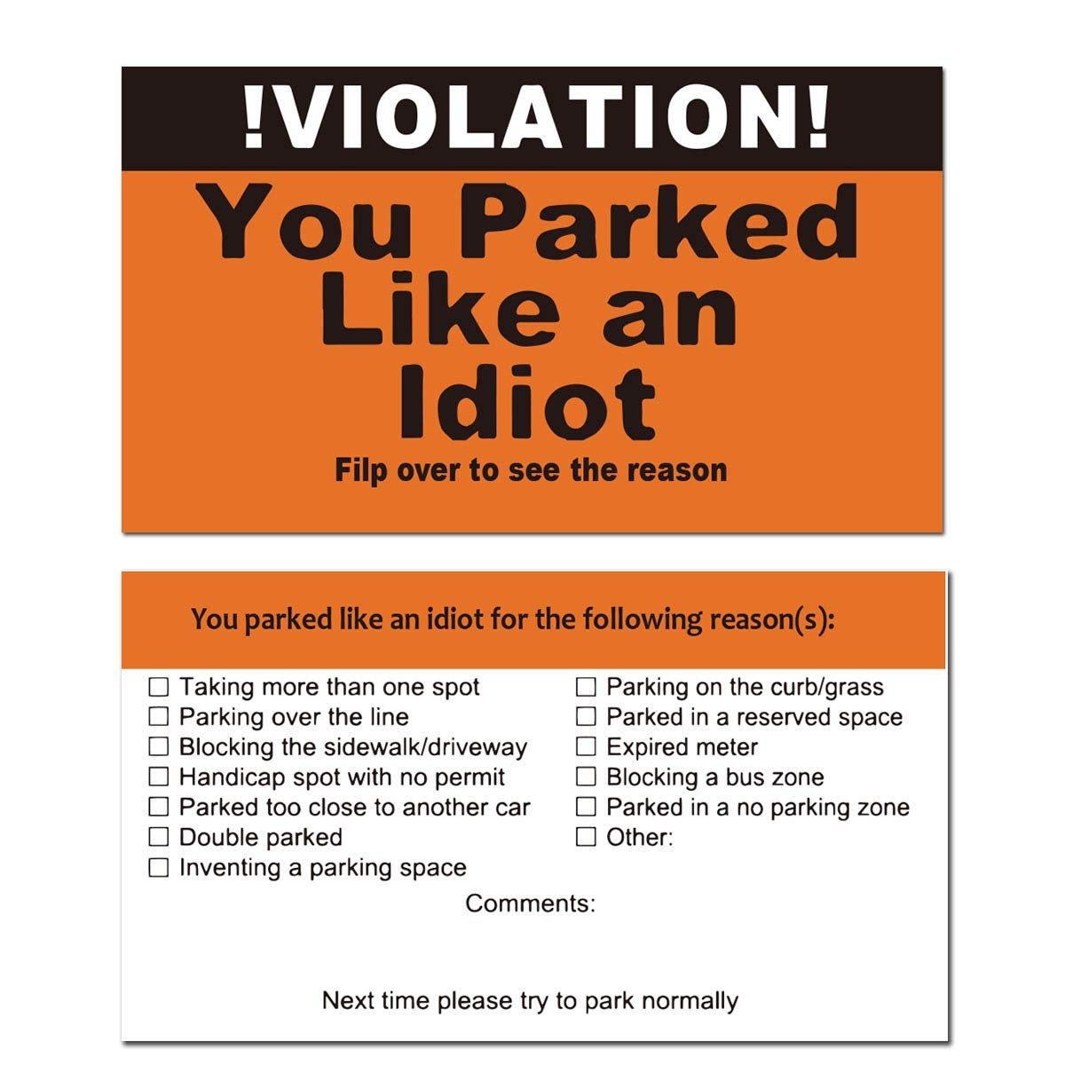 Amazon ReMarkable You Parked Like An Idiot Business Cards Bad Parking Cards Tick The Boxes On The Back To List Their Sins Get Justice Hilarious Prank Gag Gift 