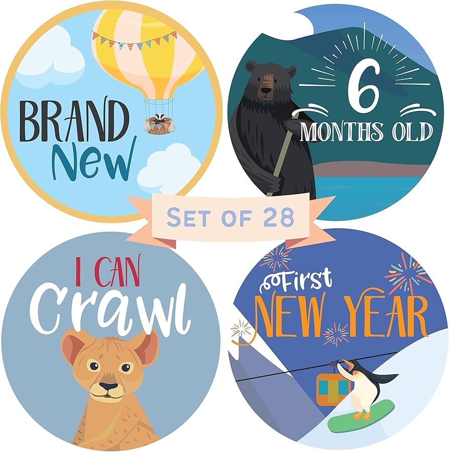 Amazon RubyRoo Baby Milestone Stickers Baby Month Stickers For Boy Or Girl 28 Pack Includes 12 Monthly 1st Year Milestones First Holidays Perfect Baby Shower Newborn Birthday Gift Adventure Baby