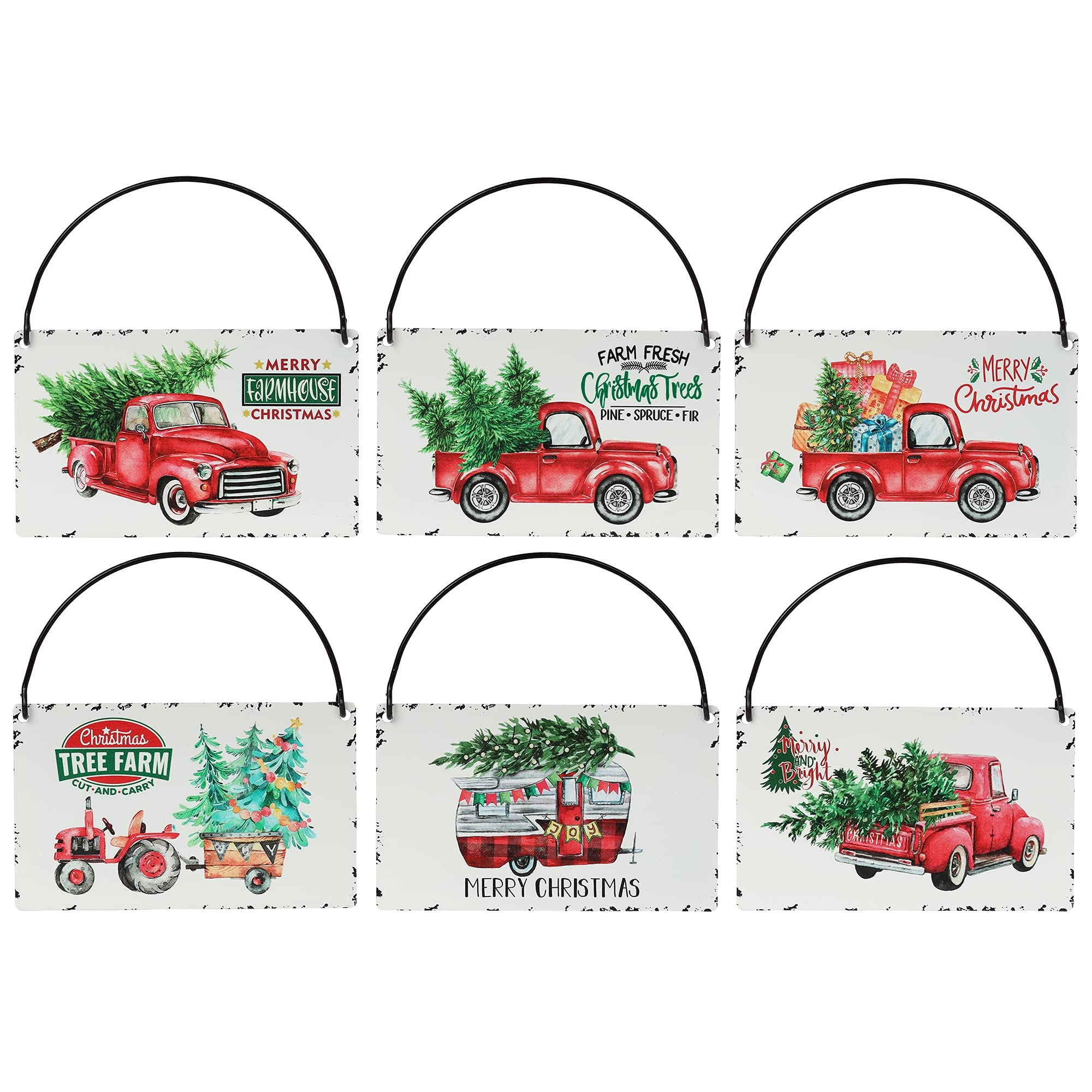 Amazon Rustic Red Truck Christmas Ornaments Set Of 6 Farmhouse Enamel Hanging Signs For Christmas Tree Decorations Home Holiday Decor Home Kitchen