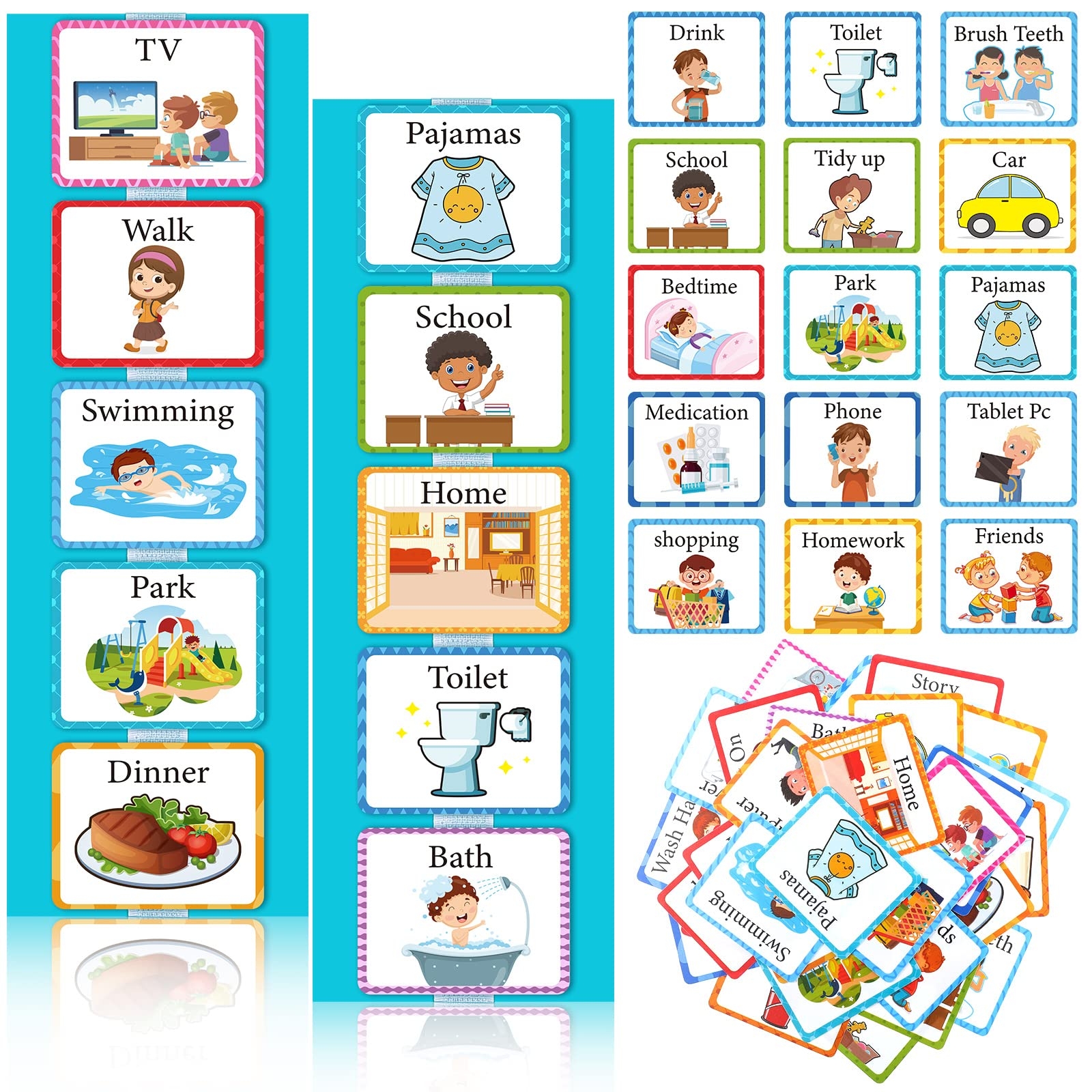 Amazon Visual 35 Pieces Schedule For Toddlers Autism Learning Materials Kids Routine Cards Visual Wall Planner 2 Chore Chart Schedule Board For Home School 2 Rough Strips 35 Hook And Loop Dots Cyan 