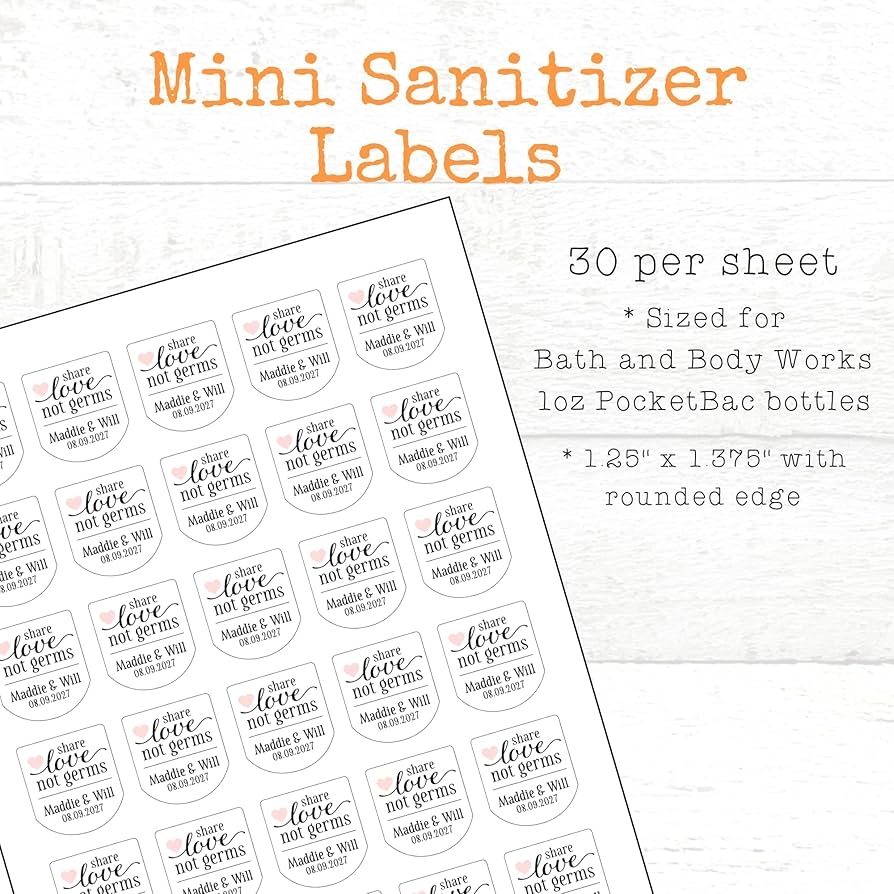 Amazon Wedding Favor LABELS 30 Personalized Sanitizer STICKERS Share Love Not Germs Fits PocketBac Handmade Products