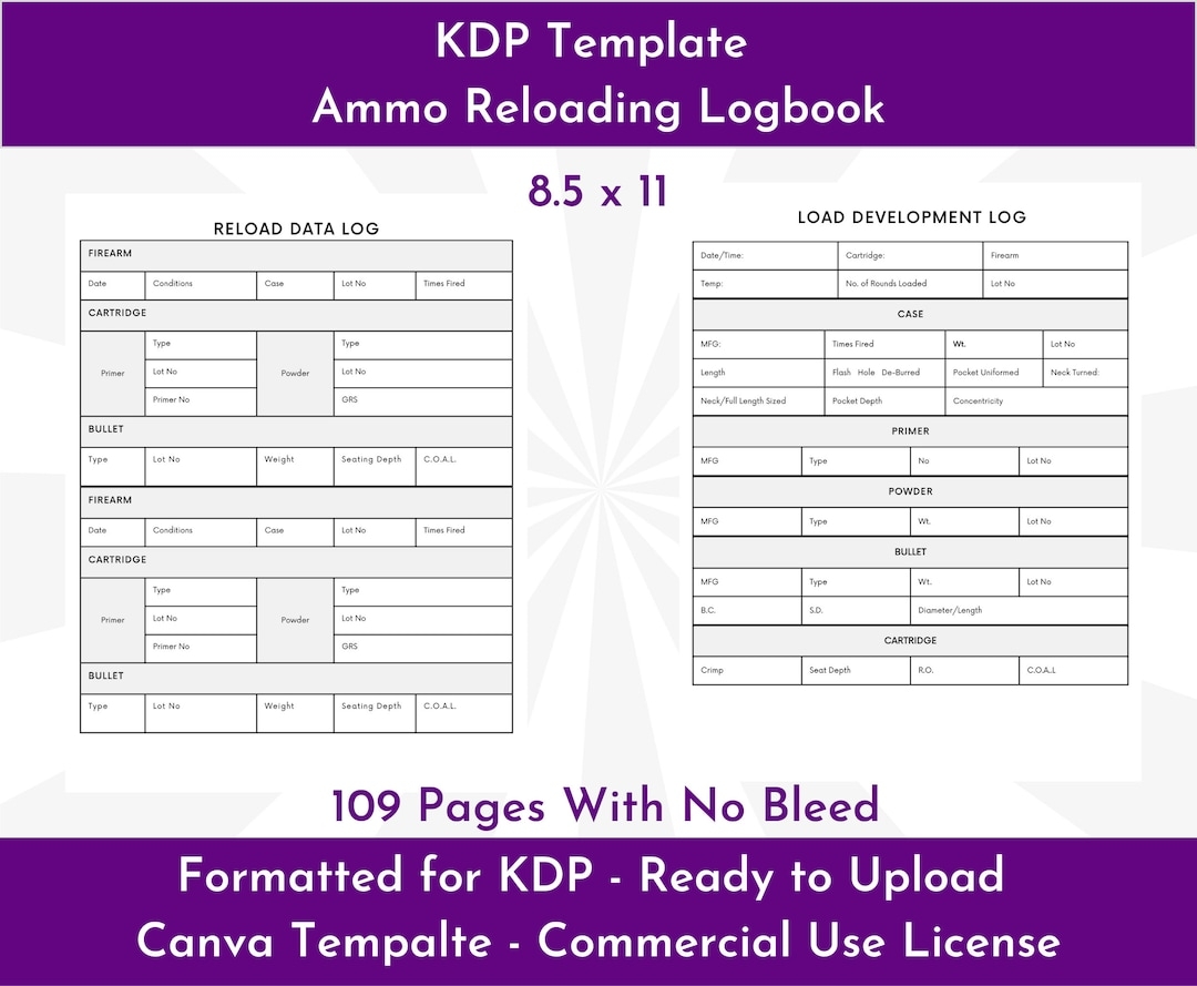 Approved KDP Ammo Reloading Logbook Template 109 Page PDF Canva Template Digital Download 8 5x11 KDP Upload Ready Commercial Use Etsy