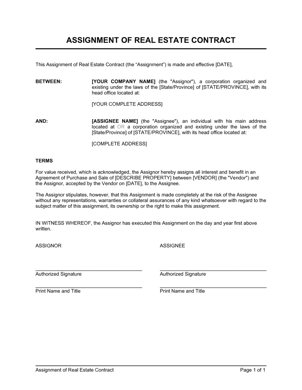 Assignment Of Real Estate Contract Template Download 