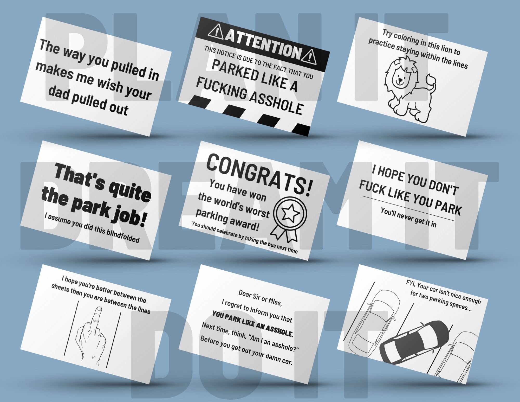 Bad Parking Cards Printable Instant PDF Of 9 Cards Etsy