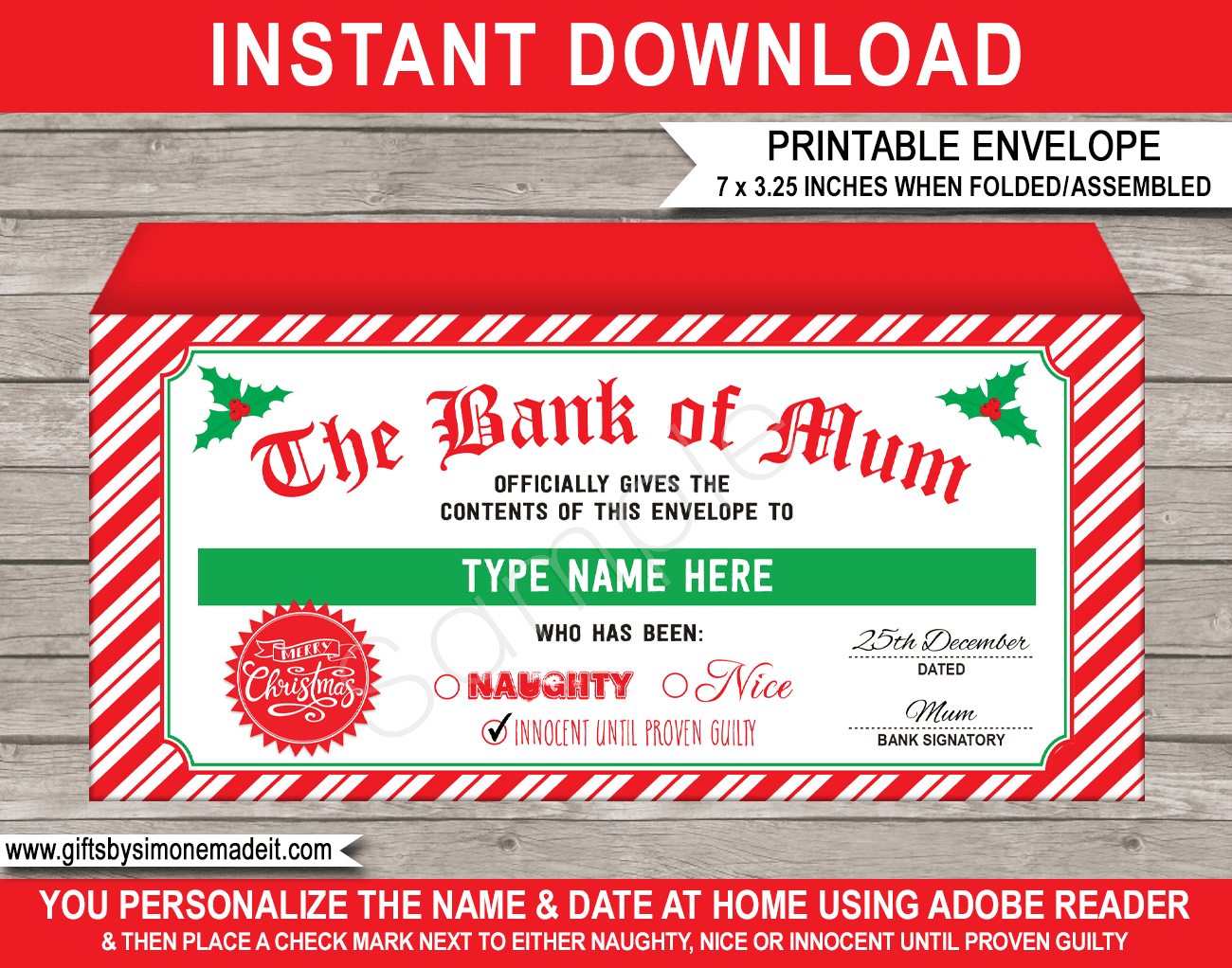 Bank Of Mom Dad Christmas Envelope Money Or Cash Gift