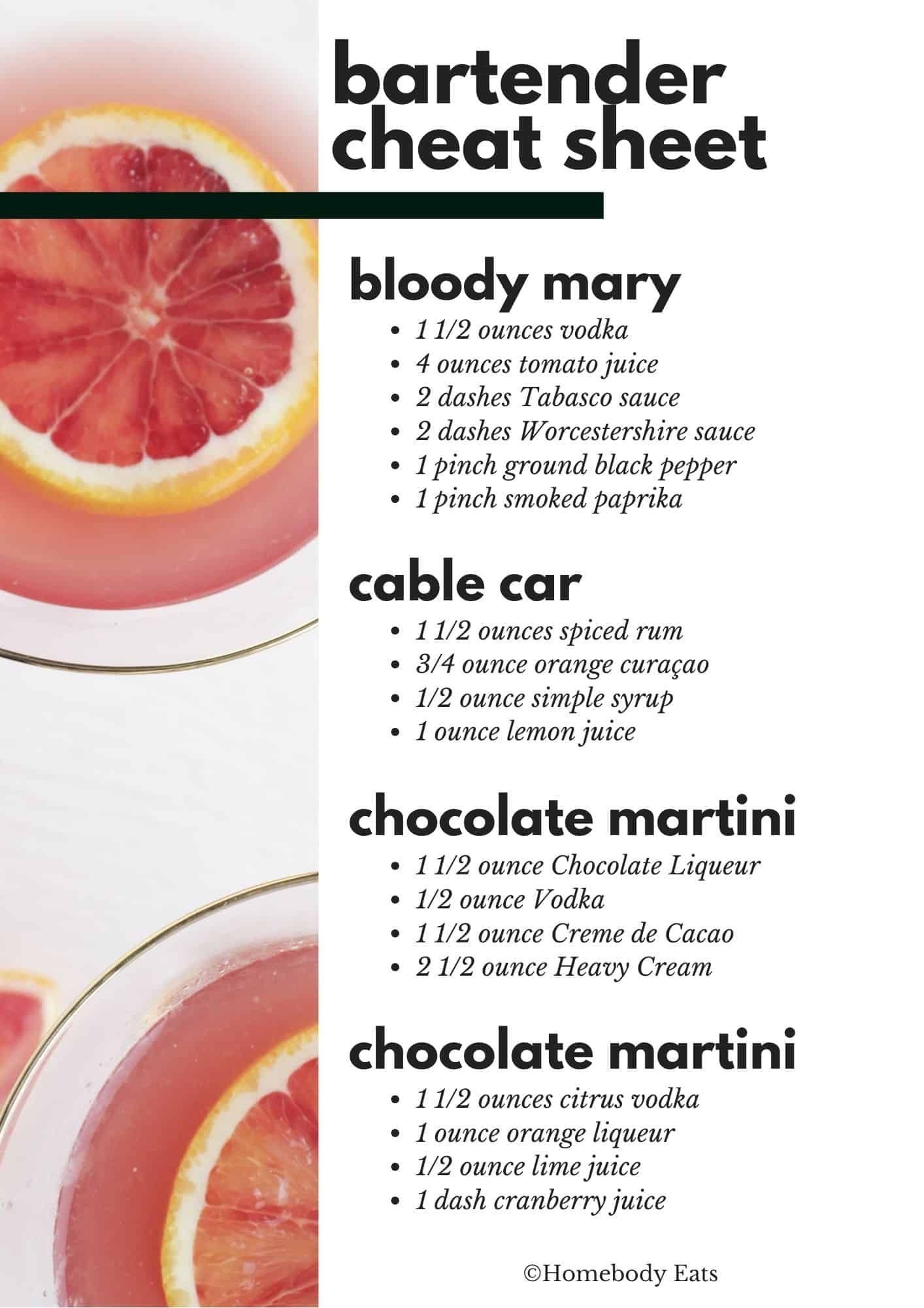 Bartender Cheat Sheet Free Printable PDF 