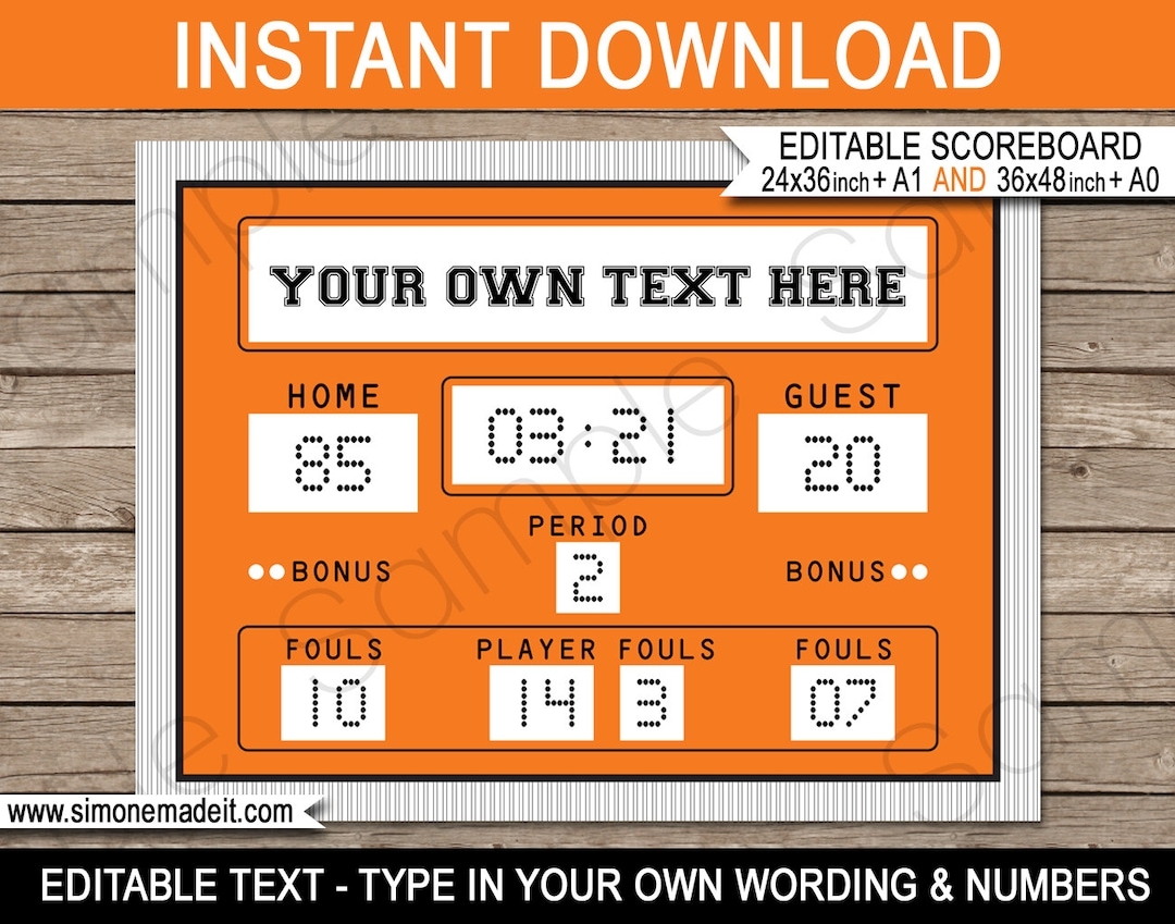 Basketball Scoreboard Printable Backdrop Sign INSTANT DOWNLOAD With EDITABLE Text 2 Sizes 36x48 Inches Or A0 24x36 Inches Or A1 Etsy