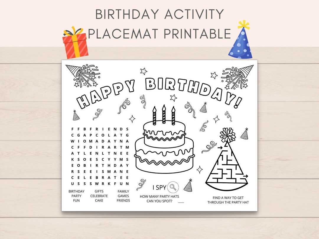 Birthday Activity Placemat Birthday Game Birthday Party Printable Birthday Kids Placemats Printable Birthday Coloring Party Favors Etsy