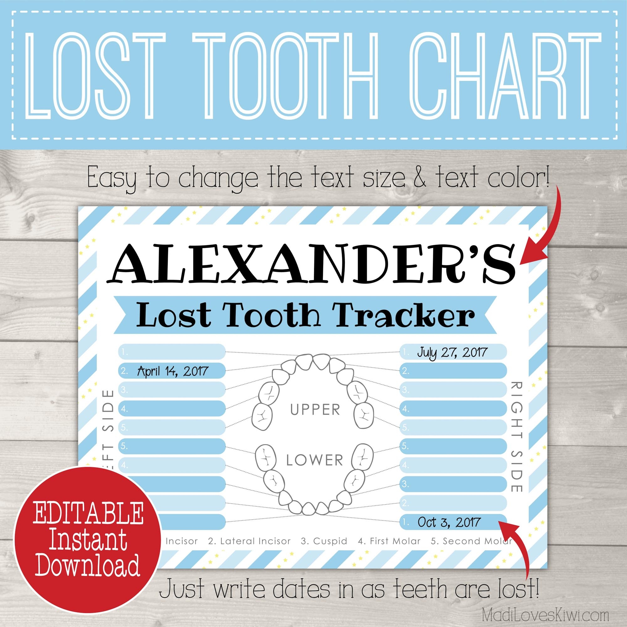 Blue Lost Tooth Chart Printable Personalized Tooth Tracker Madi Loves Kiwi Digital Downloads
