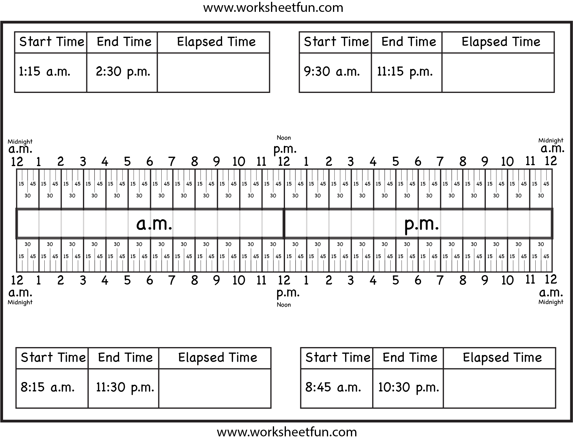 Calculate Elapsed Time 5 Worksheets 15 30 45 60 Minutes Quarter Hours FREE Printable Worksheets Worksheetfun