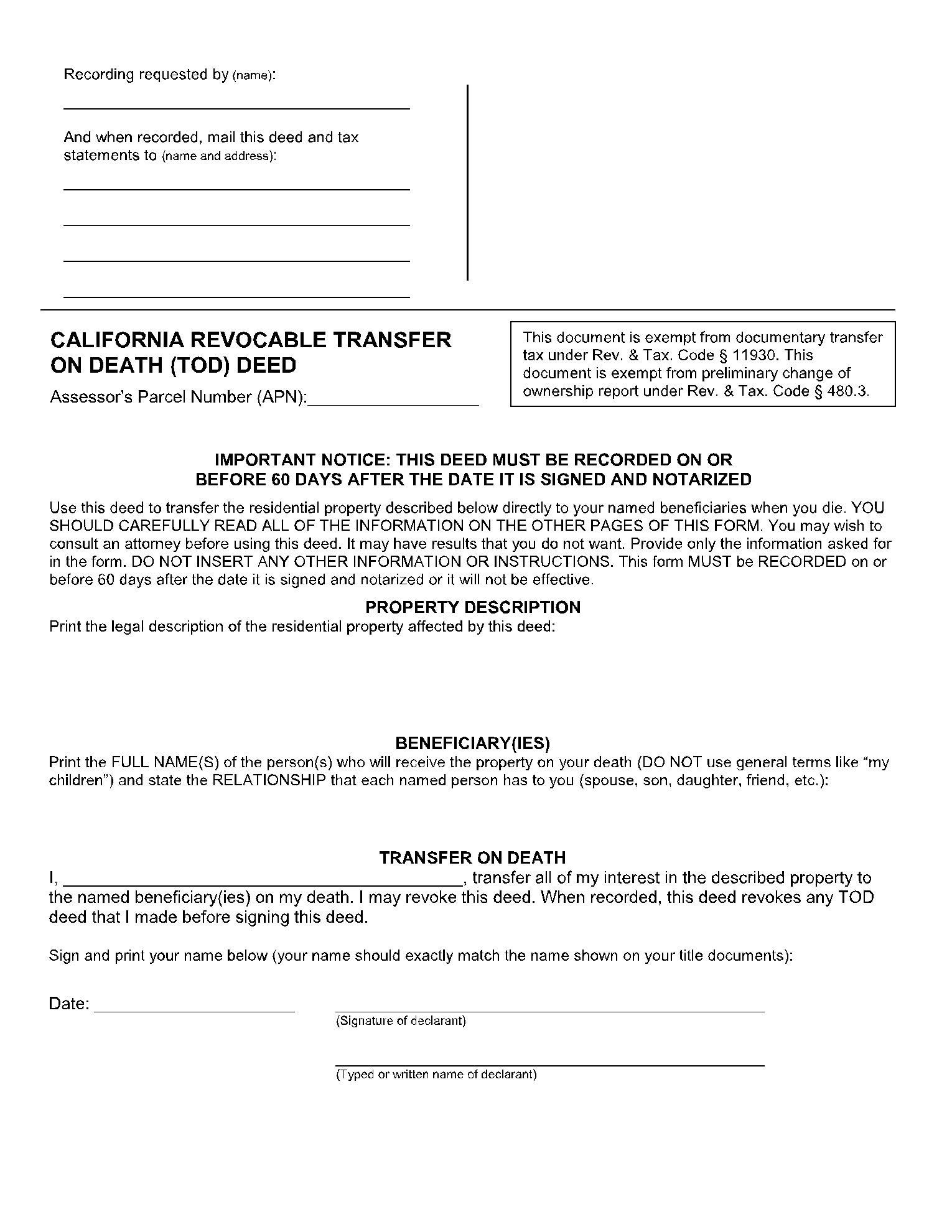 California Transfer On Death Deed Form Free Sample CocoSign