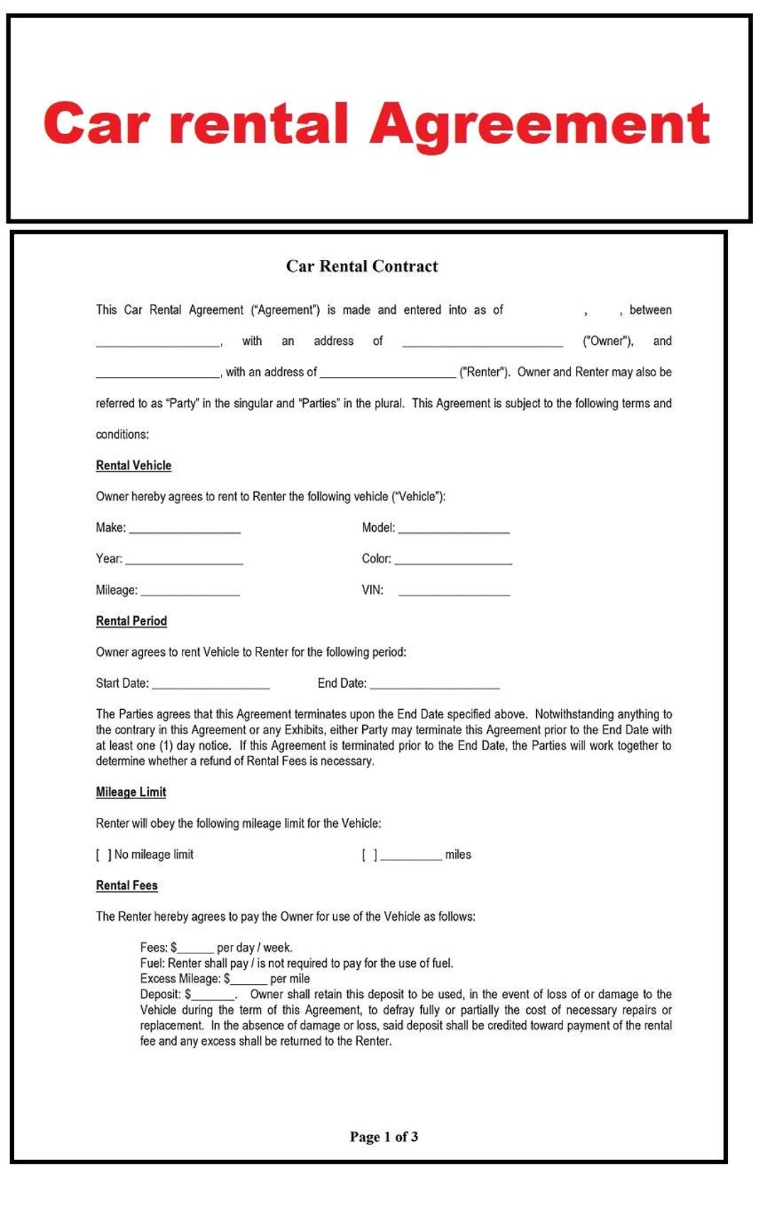 Free Printable Car Rental Agreement