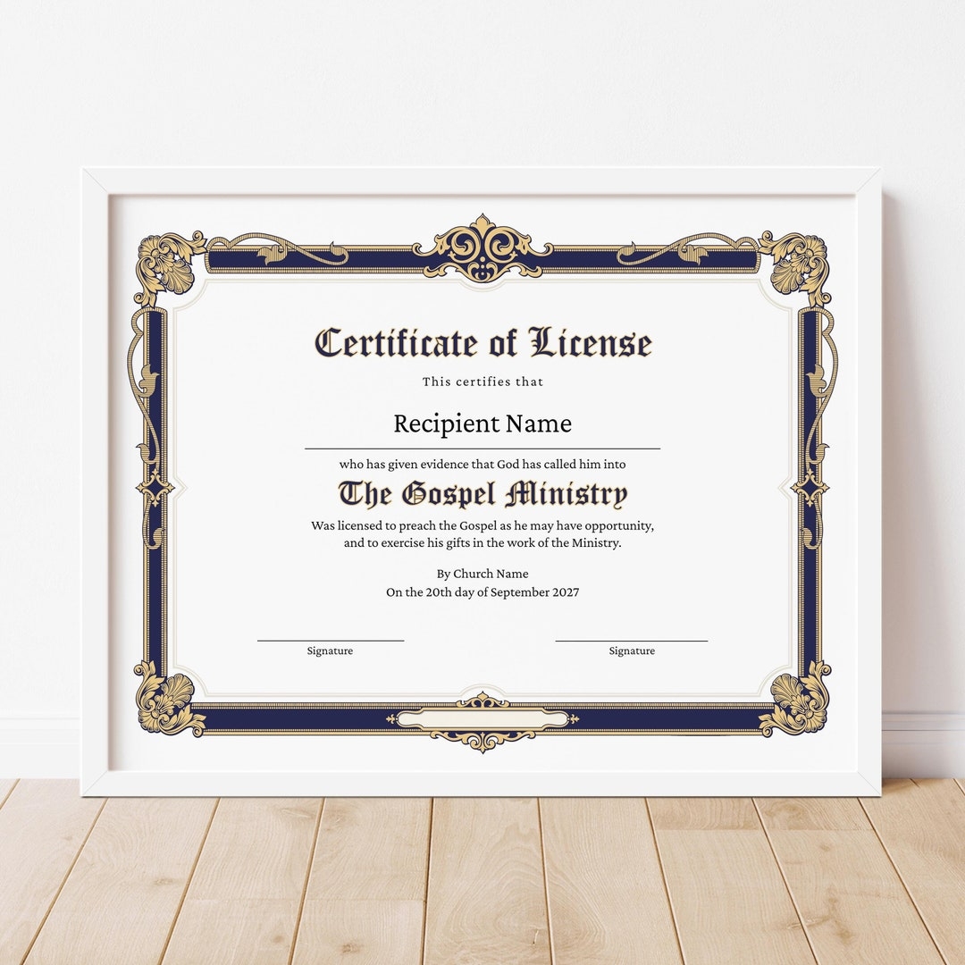 Certificate Of License Editable License To Preach Certificate Template Printable Minister License Ministry License Download Jet070 Etsy