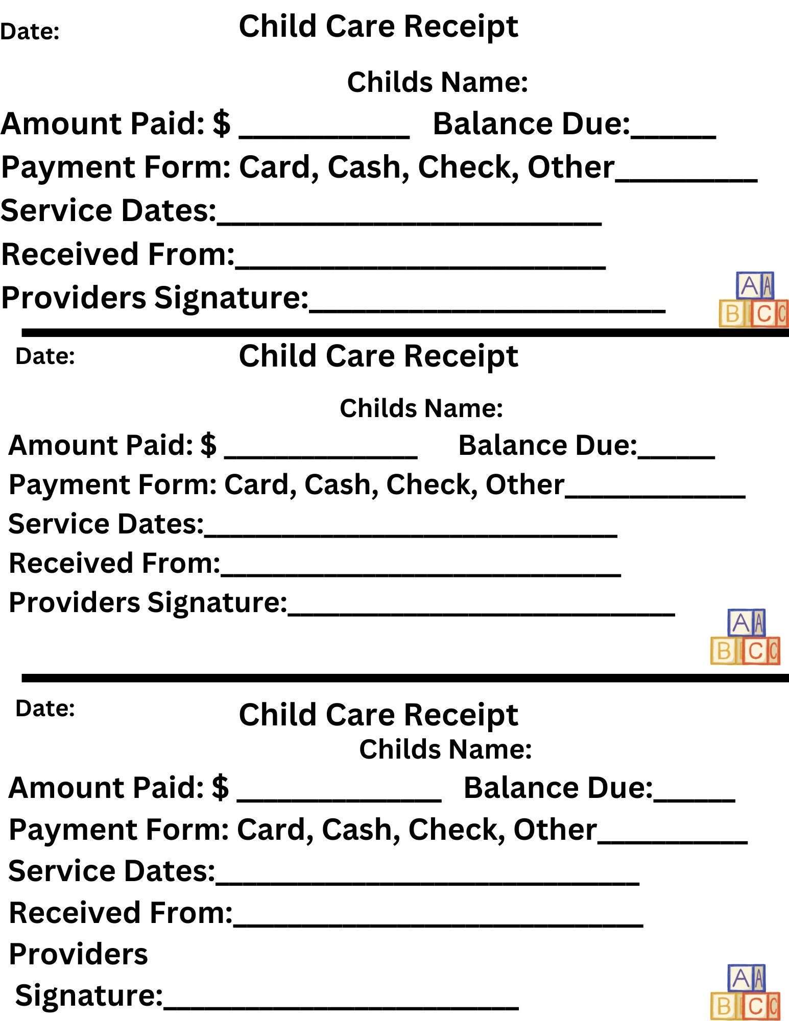 Child Care Receipt Daycare Receipt Daycare Payment Form Payment Receipt Child Care Payments Receipt Etsy