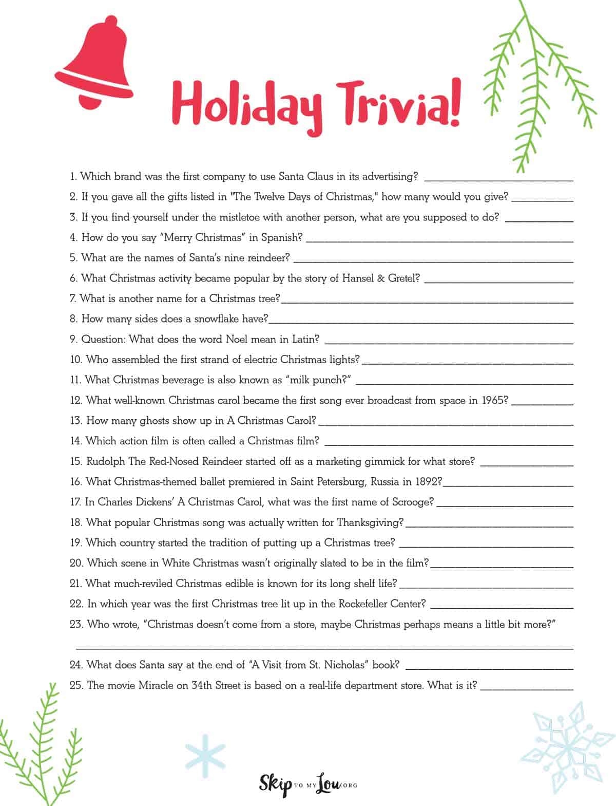 Free Printable Christmas Carol Trivia